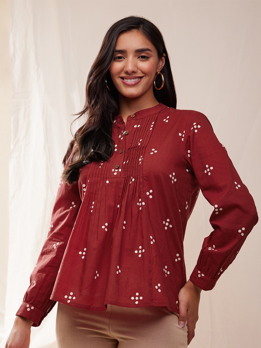 

Pink Fort Geometric Printed Pure Cotton Mandarin Collar Top, Red