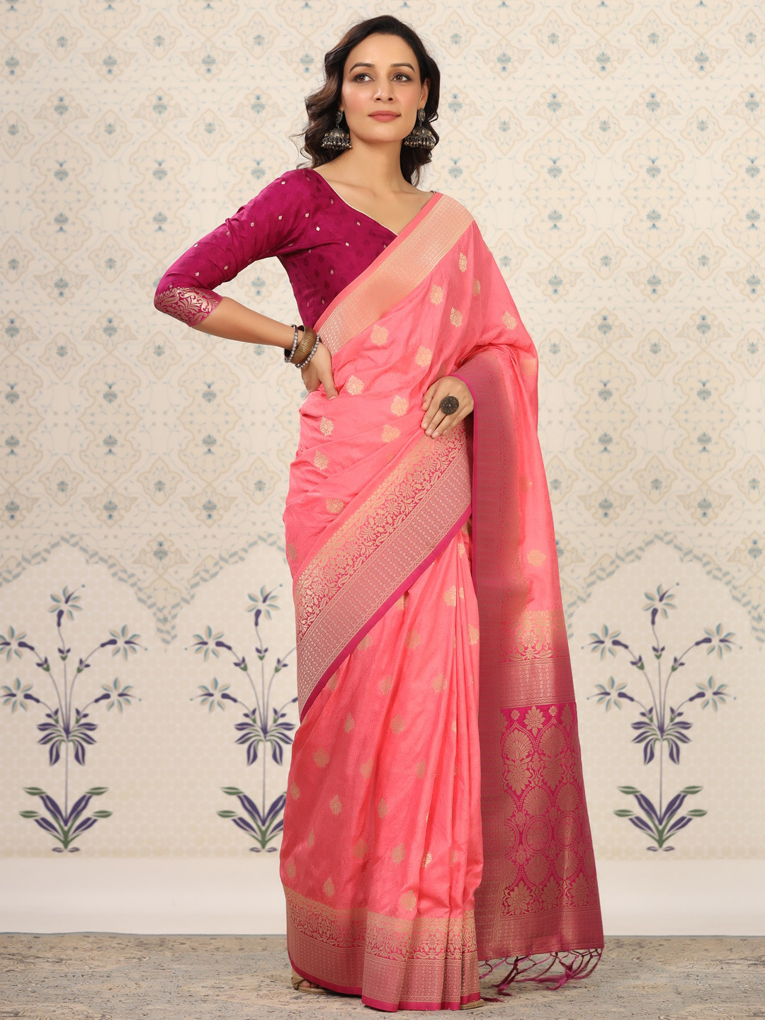 

Ode by House of Pataudi Pink & Gold-Toned Floral Woven Design Zari Art Silk Banarasi Saree