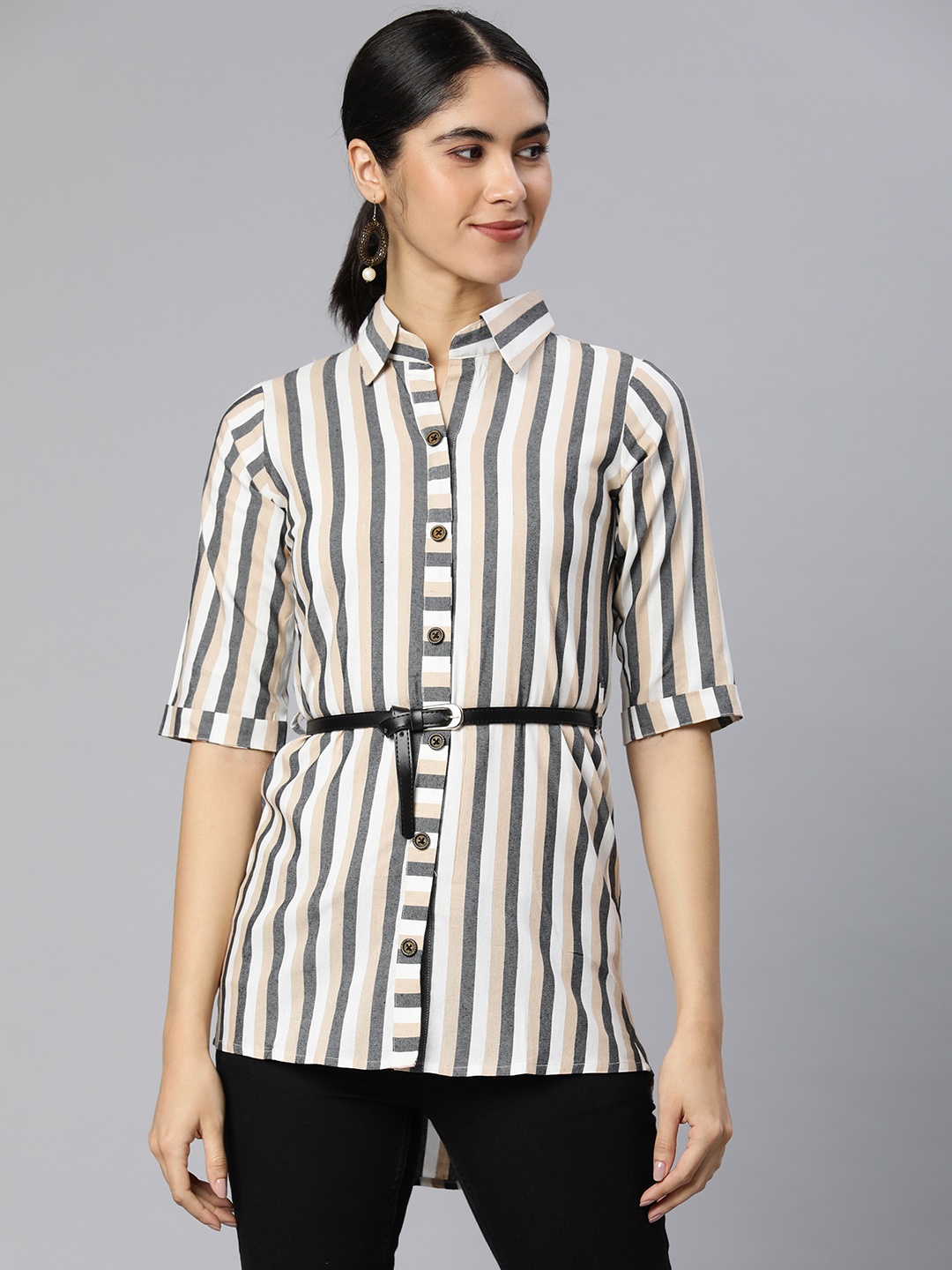 

Rani Saahiba Striped Linen Shirt Style Longline Top, White