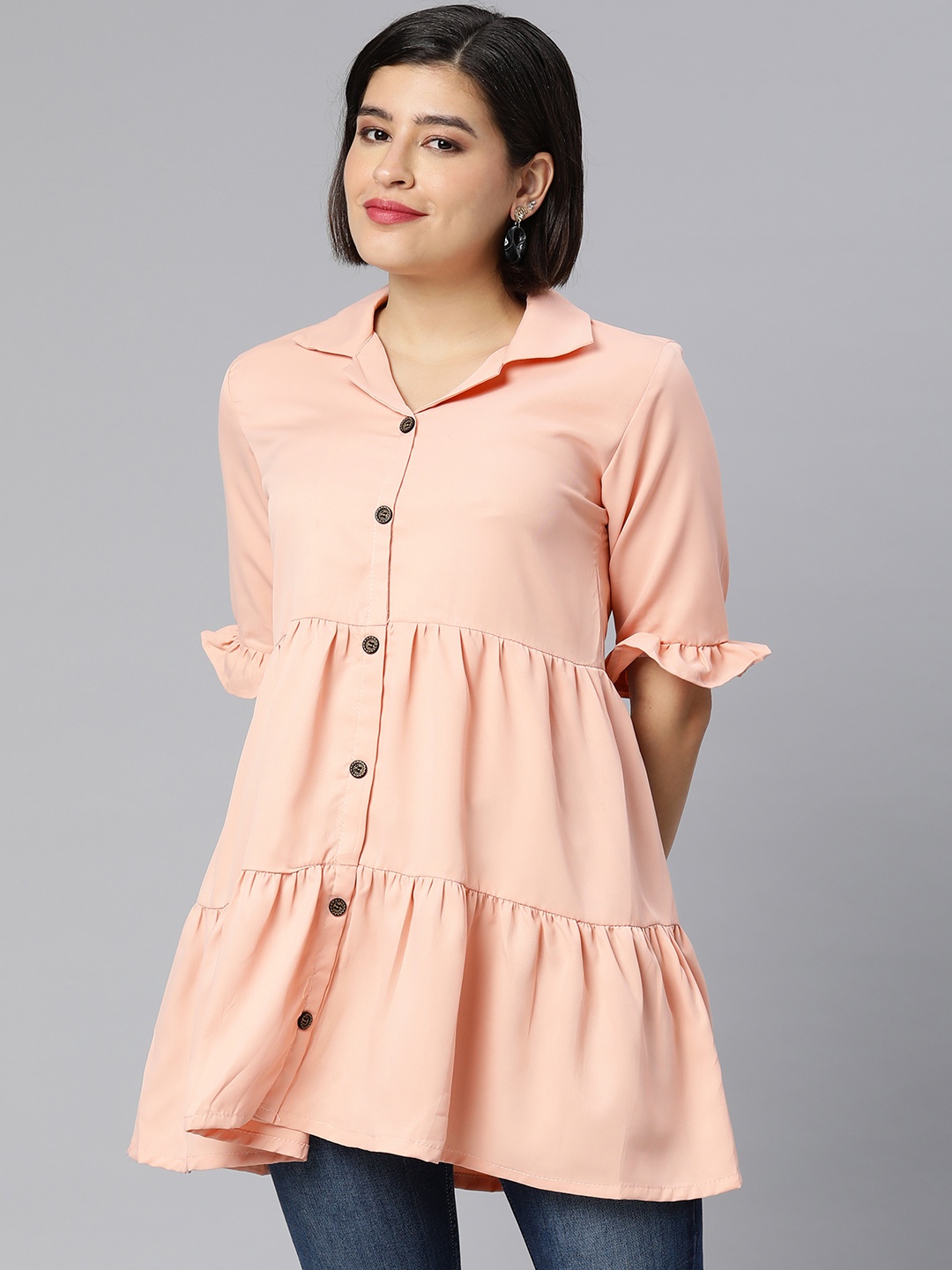 

Rani Saahiba Solid Shirt Style Longline Top, Peach