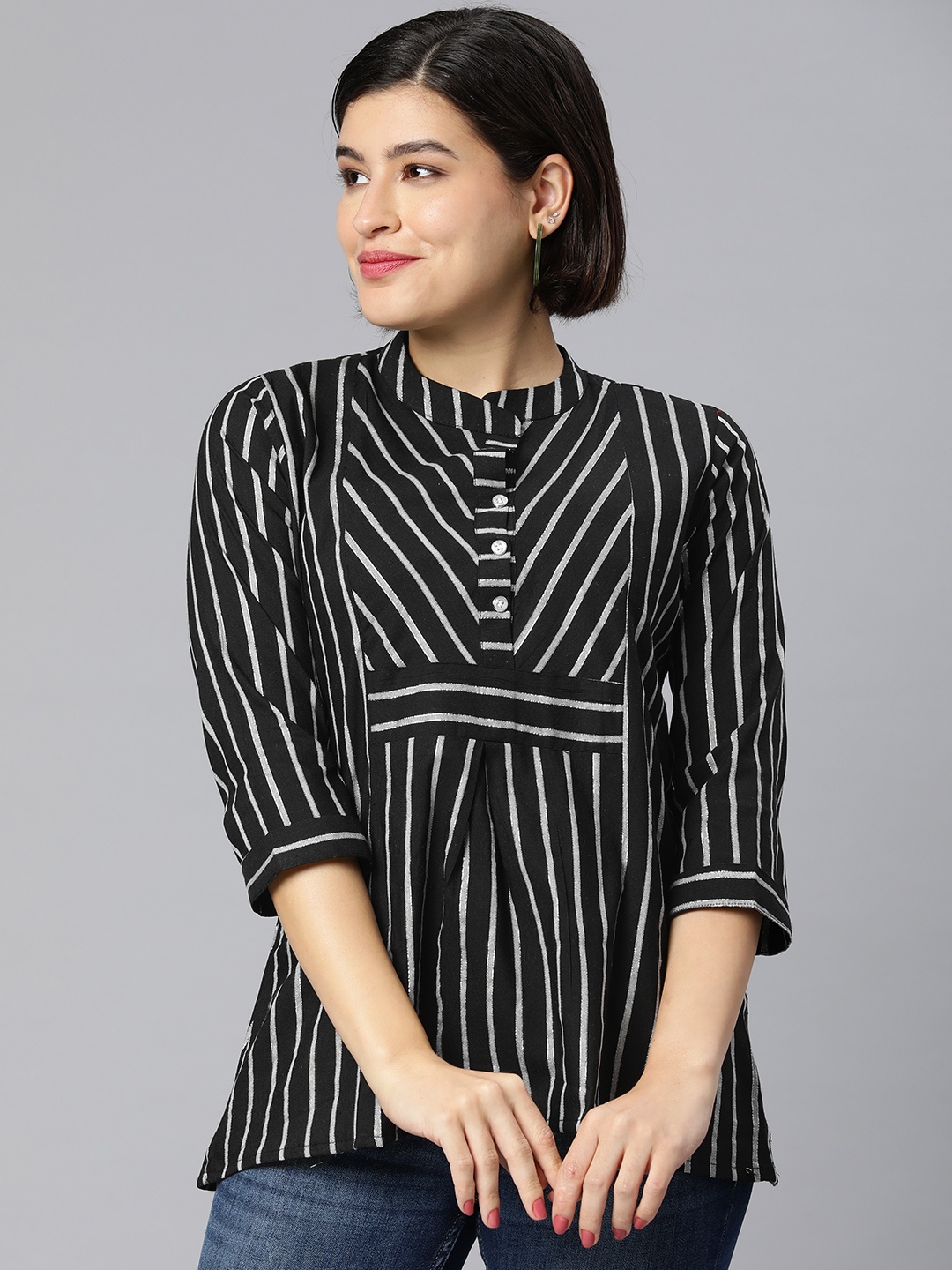 

Rani Saahiba Striped Mandarin Collar Linen Longline Top, Black