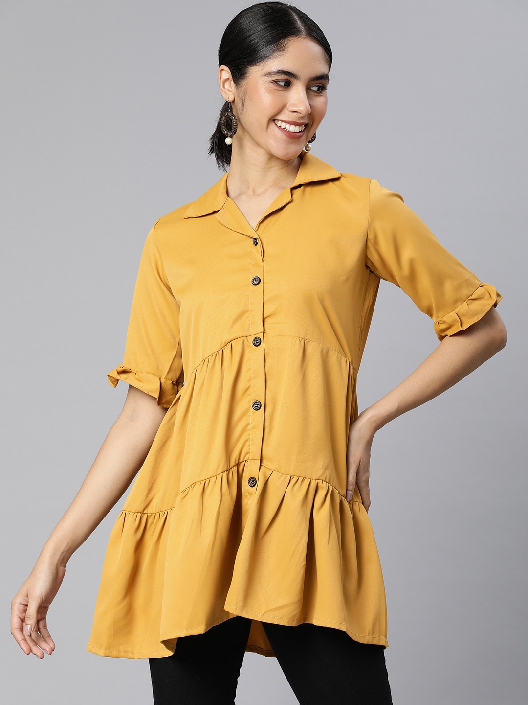 

Rani Saahiba Solid Shirt Style Longline Top, Mustard