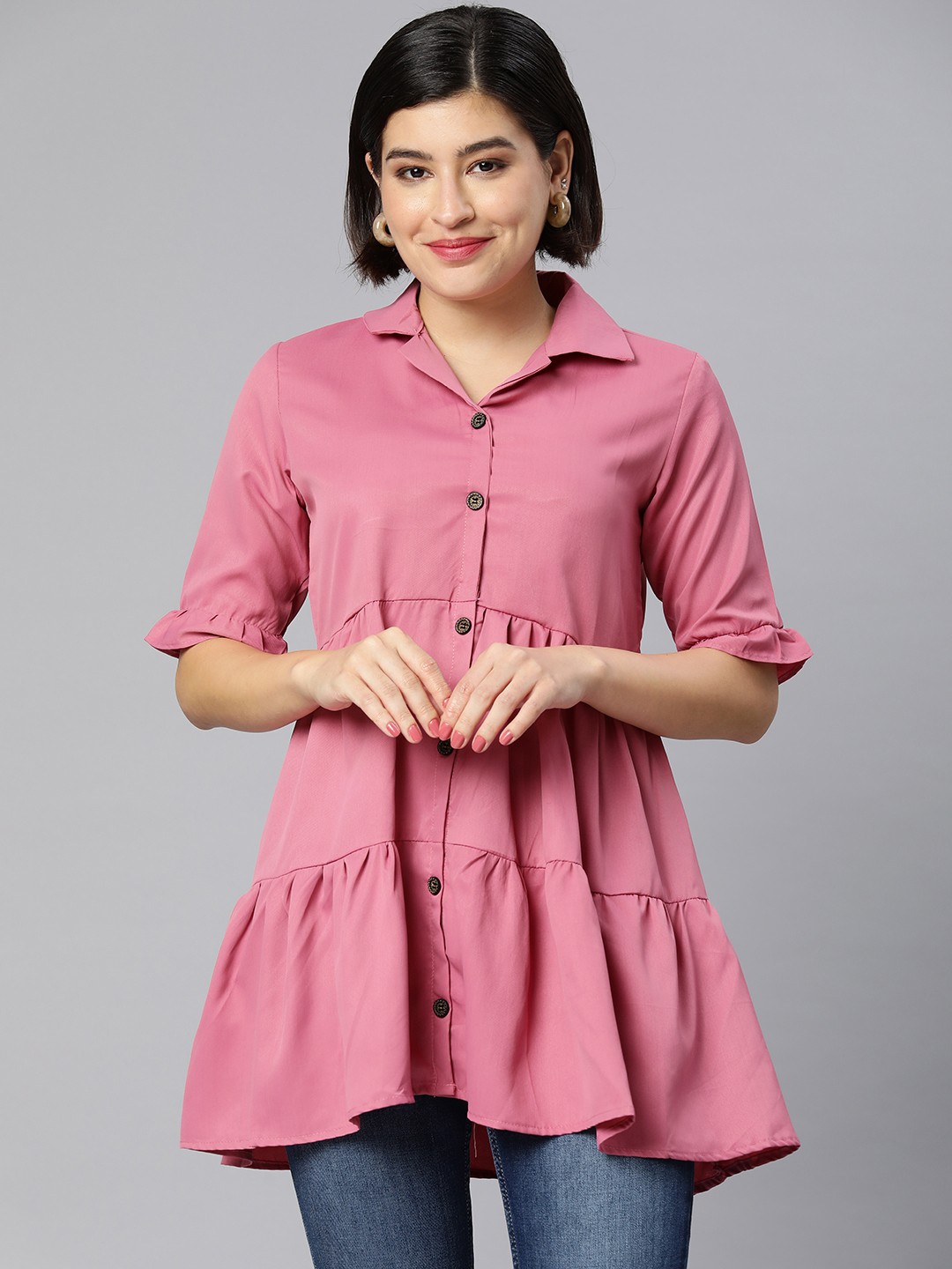 

Rani Saahiba Solid Shirt Style Longline Top, Pink