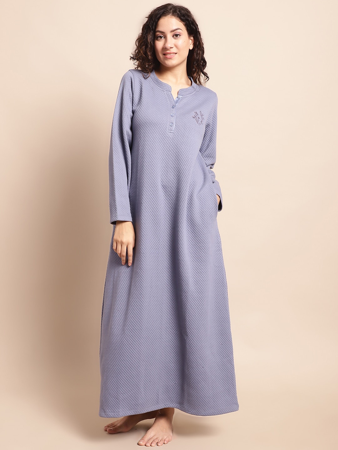 

Kanvin Self Design Mandarin Collar Maxi Nightdress, Blue