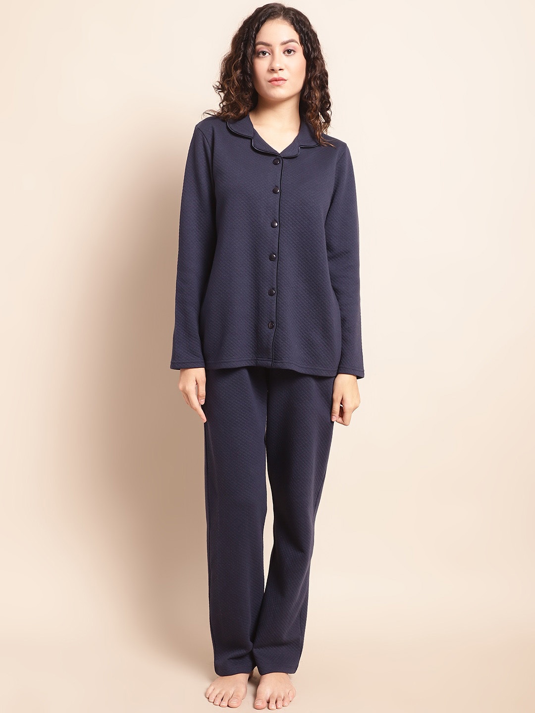 

Kanvin Checked Lapel Collar Shirt With Pyjama, Navy blue