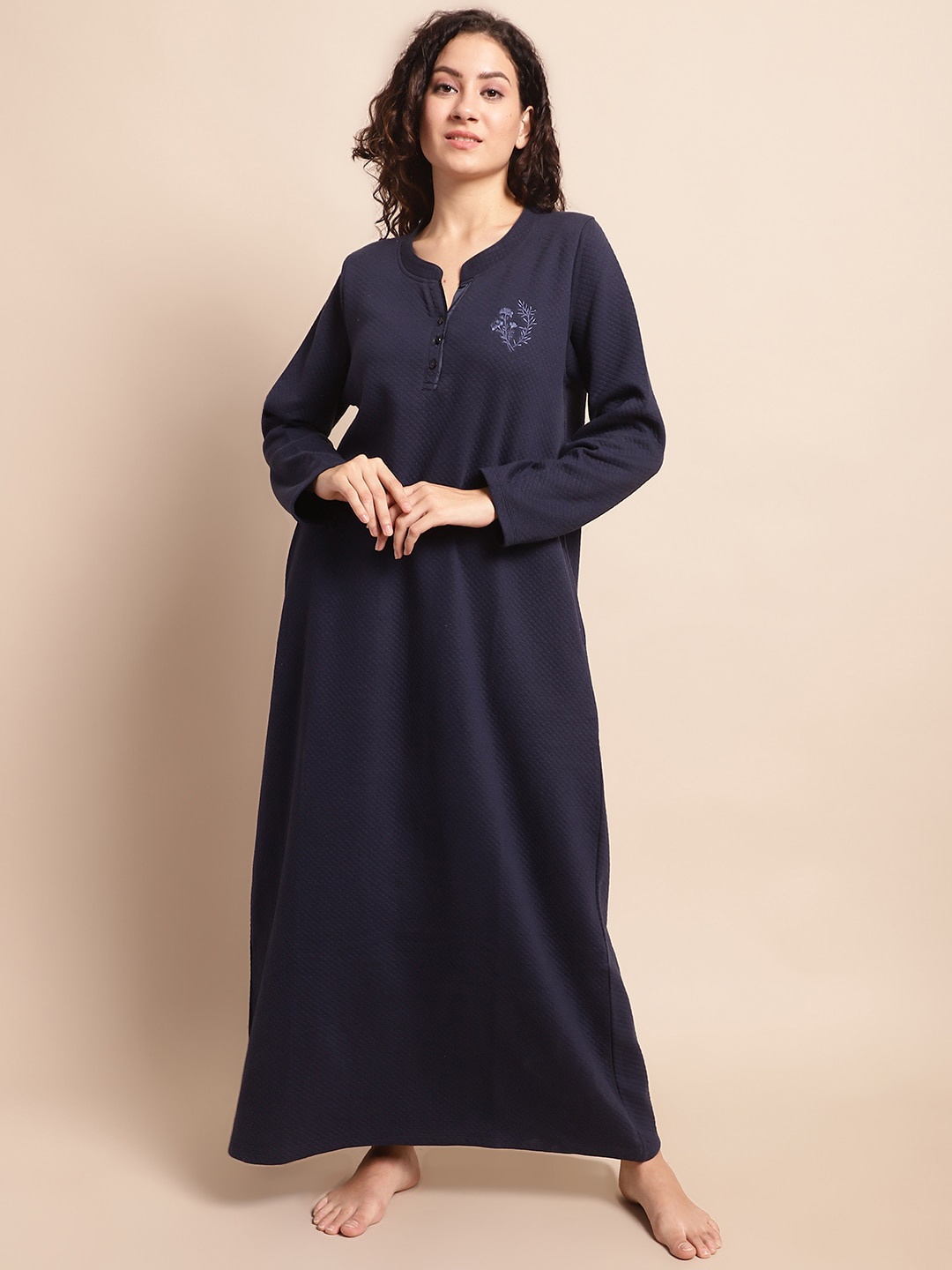 

Kanvin Self Design Mandarin Collar Maxi Nightdress, Navy blue