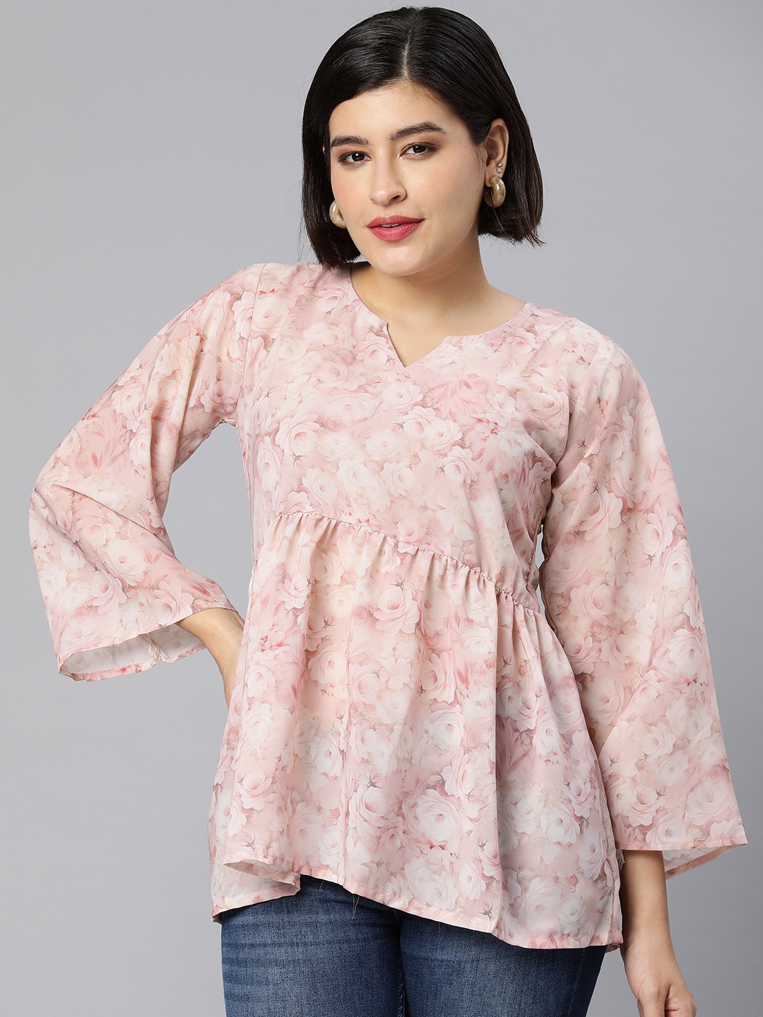 

Rani Saahiba Floral Print Flared Sleeve Linen Georgette Top, Pink