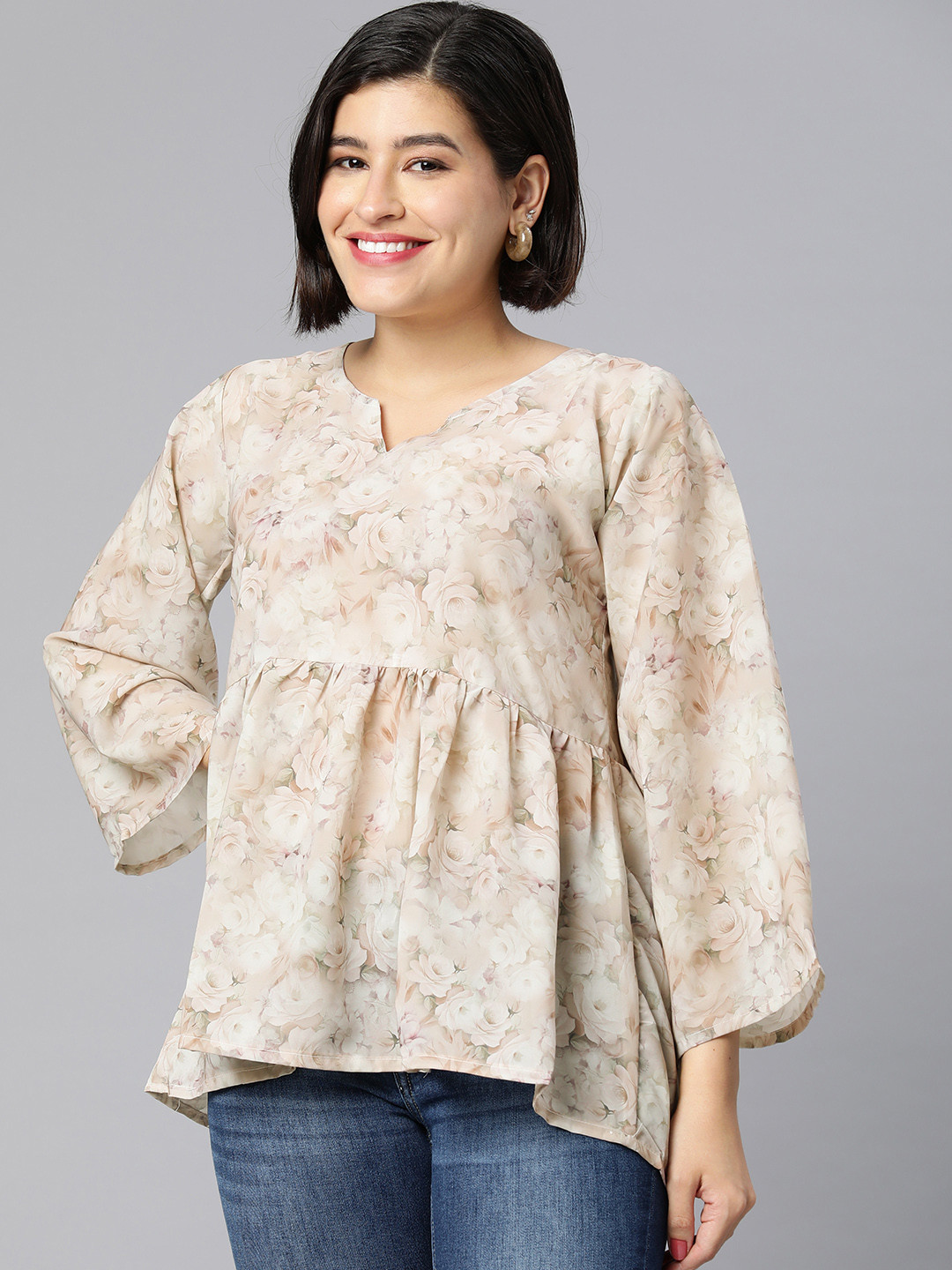 

Rani Saahiba Floral Print Flared Sleeve Georgette Top, Beige