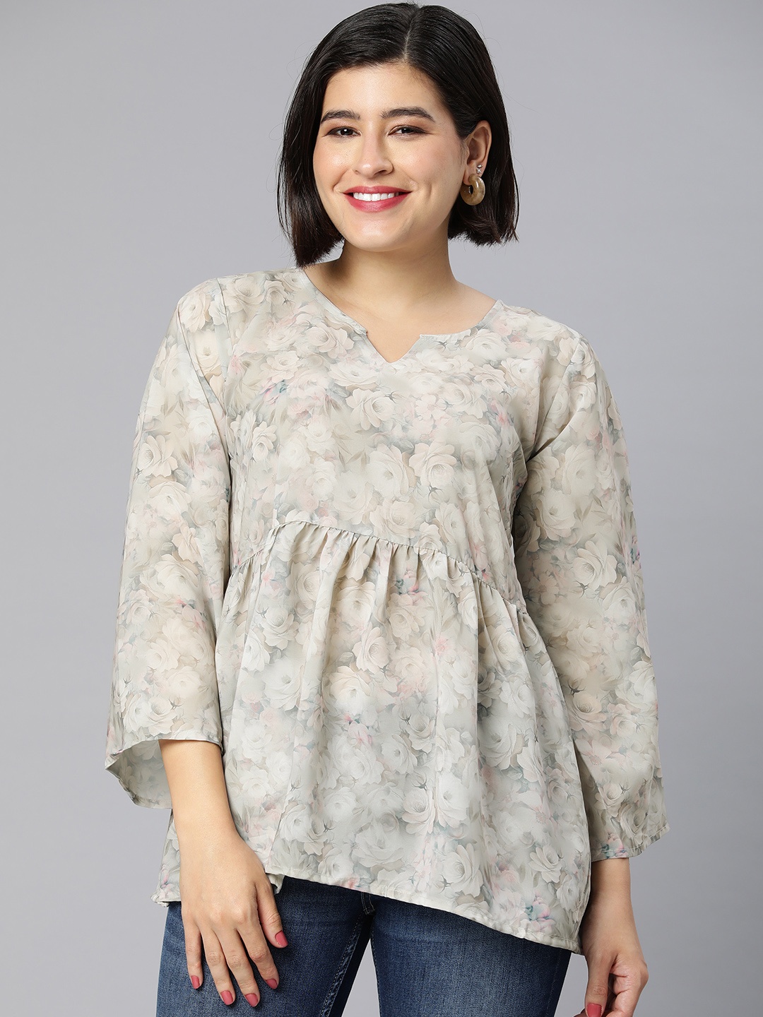 

Rani Saahiba Floral Print Flared Sleeve Georgette Top, Grey