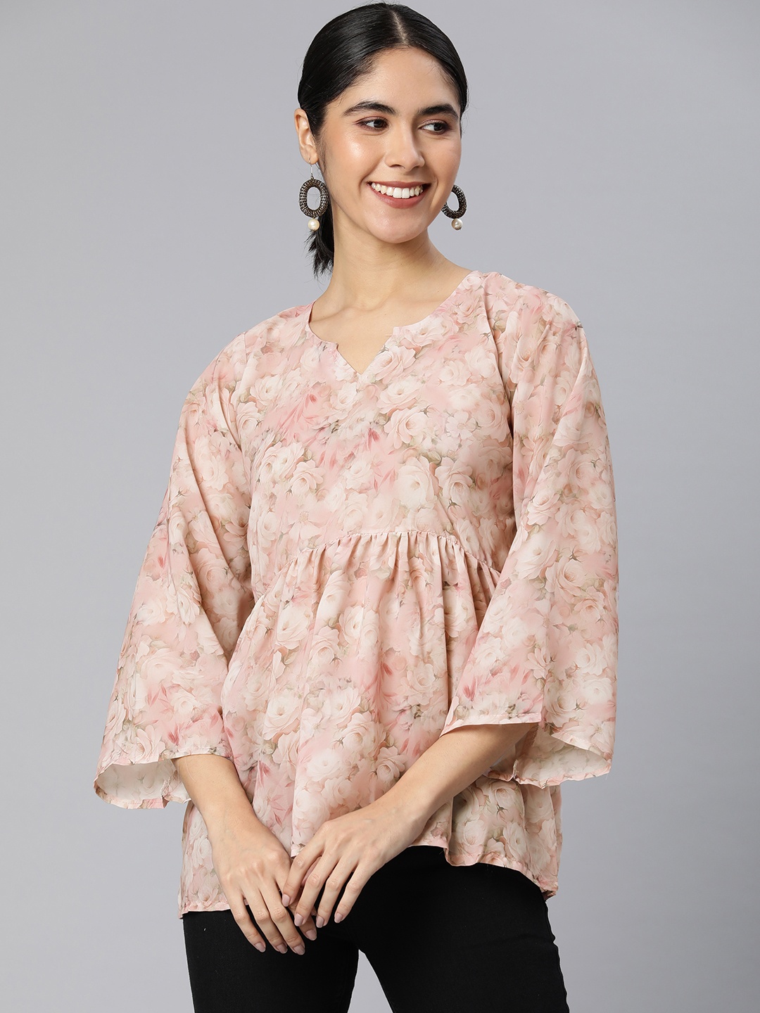 

Rani Saahiba Floral Print Flared Sleeve Georgette Top, Peach