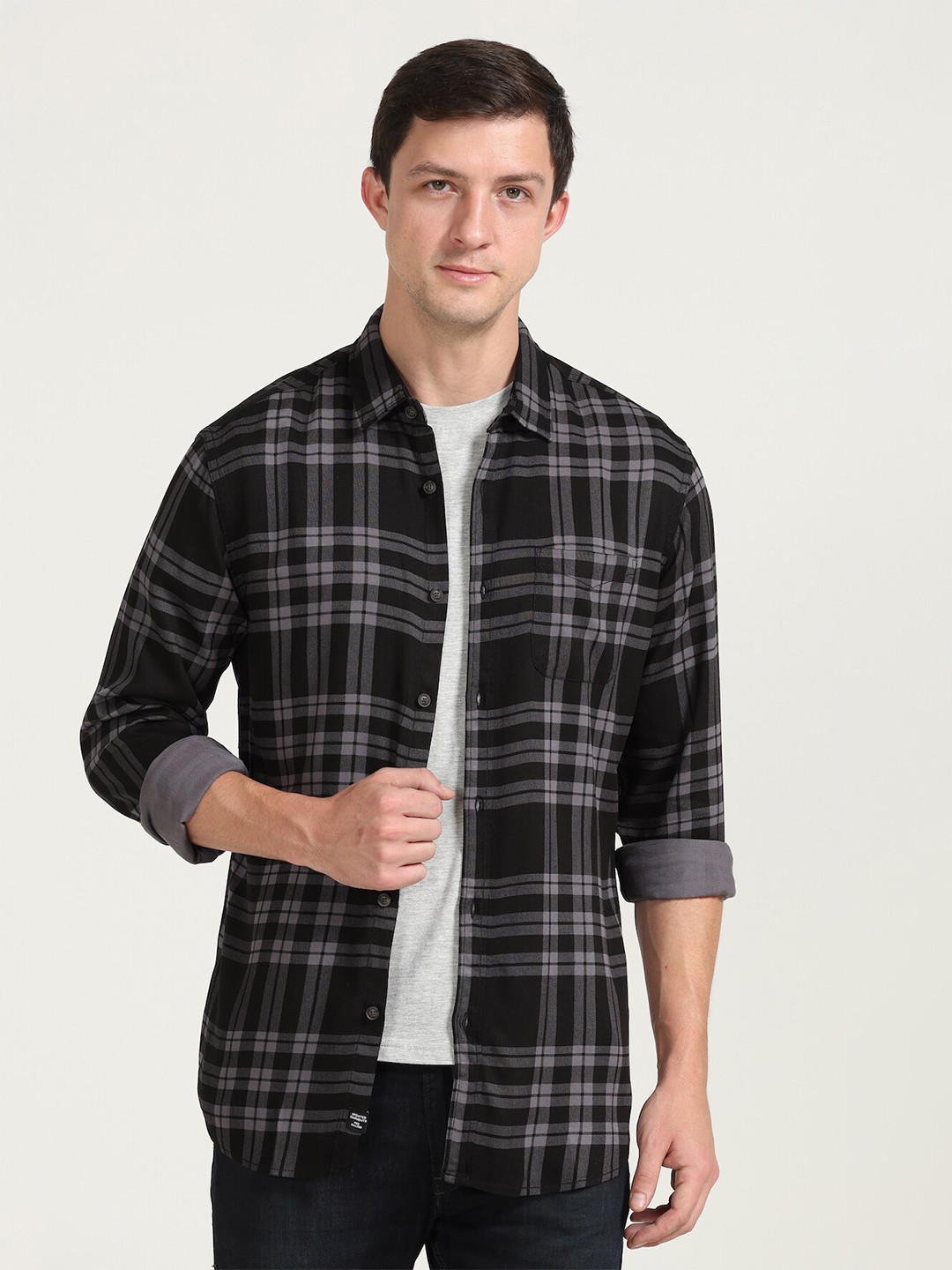 

POE Smart Slim Fit Tartan Checked Opaque Casual Shirt, Black