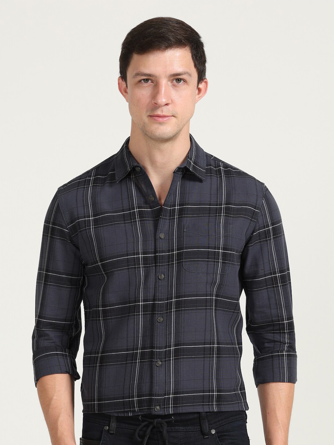 

POE Smart Slim Fit Windowpane Checked Pure Cotton Casual Shirt, Grey
