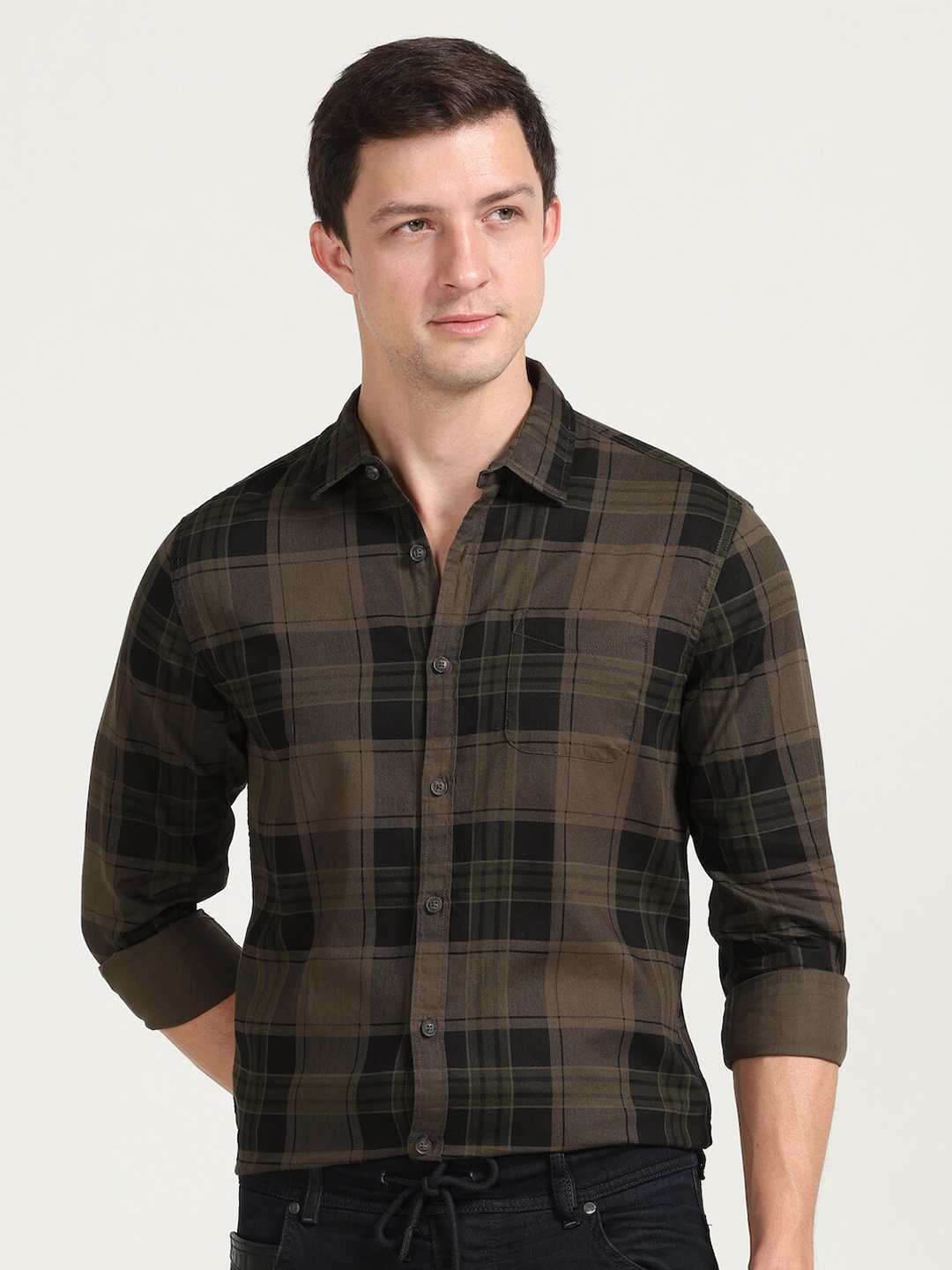 

POE Smart Slim Fit Tartan Checked Pure Cotton Casual Shirt, Green