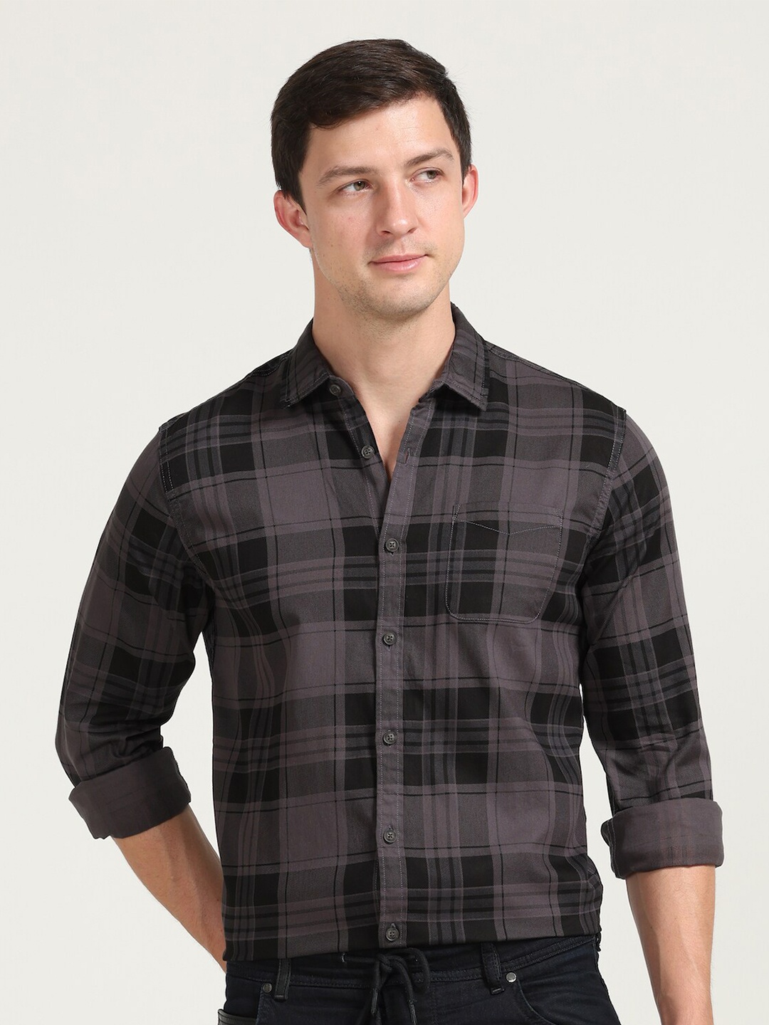 

POE Smart Slim Fit Tartan Checked Opaque Pure Cotton Casual Shirt, Grey