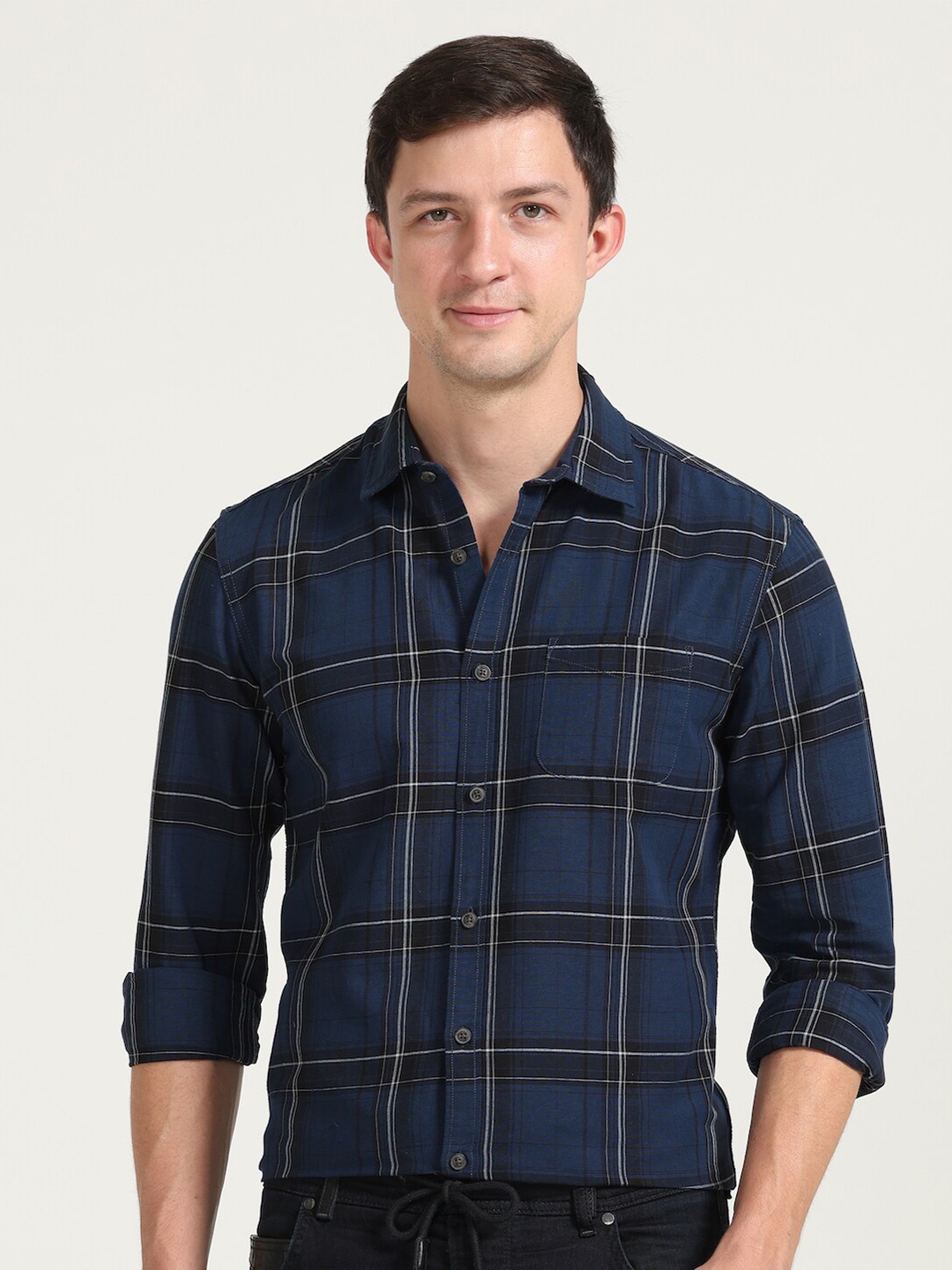 

POE Smart Slim Fit Tartan Checked Pure Cotton Casual Shirt, Navy blue
