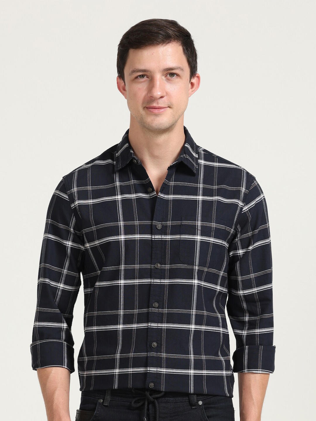 

POE Smart Slim Fit Tartan Checked Opaque Pure Cotton Casual Shirt, Navy blue