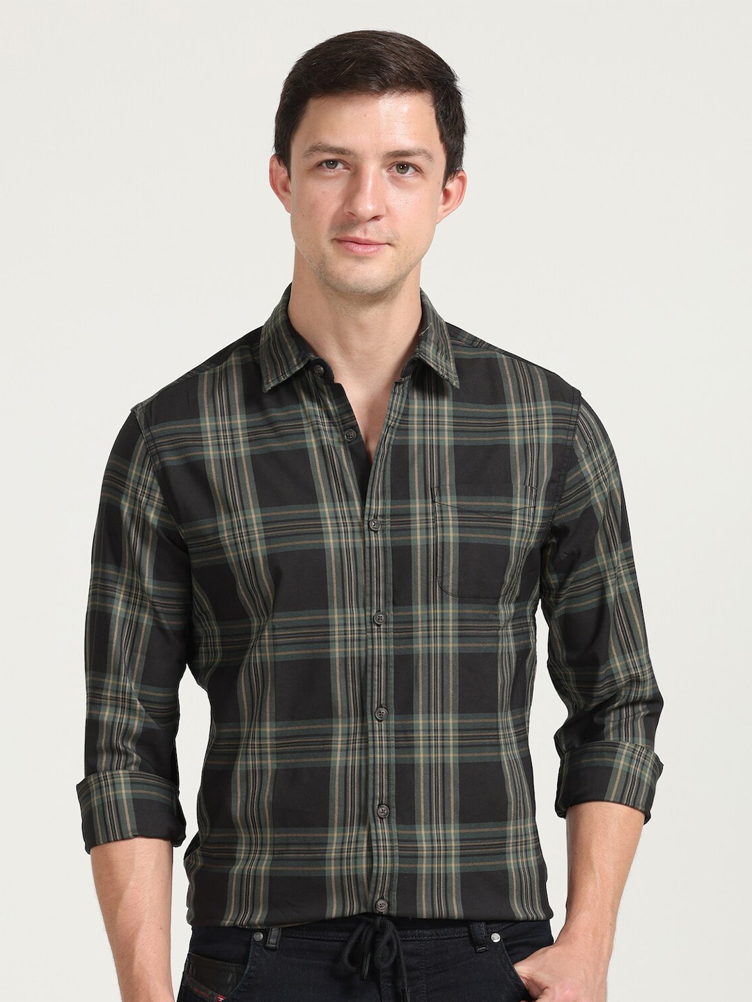 

POE Smart Slim Fit Tartan Checked Opaque Casual Shirt, Black