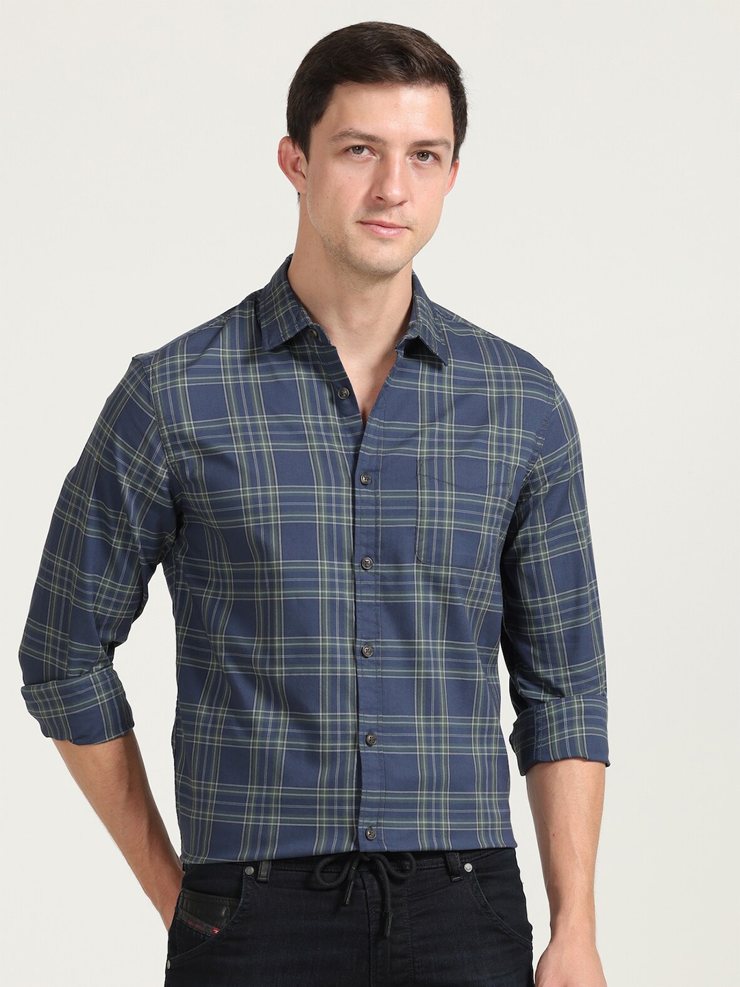 

POE Smart Slim Fit Tartan Checked Casual Shirt, Navy blue