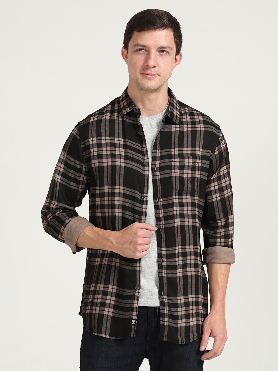 

POE Smart Slim Fit Tartan Checked Opaque Casual Shirt, Black