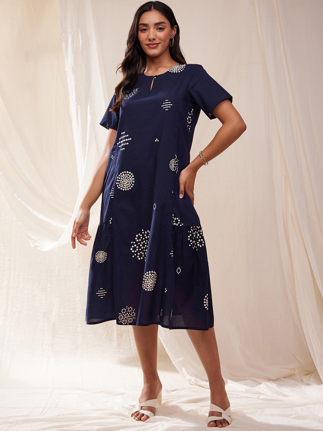 

Pink Fort Ethnic Motifs Printed Keyhole Neck Cotton A-line Midi Ethnic Dress, Blue