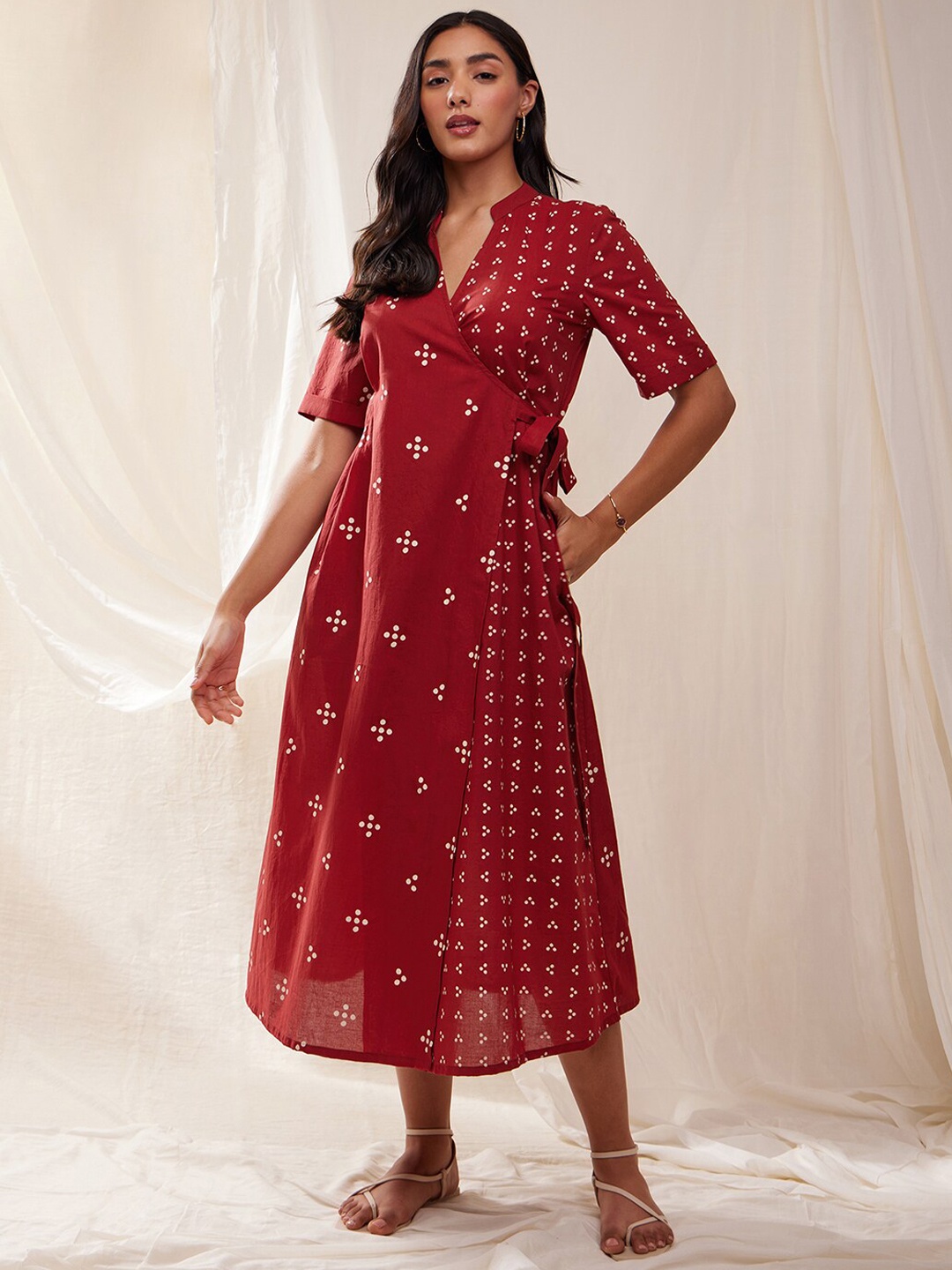 

Pink Fort Polka Dots Printed Cotton A-line Wrap Midi Ethnic Dresses, Red