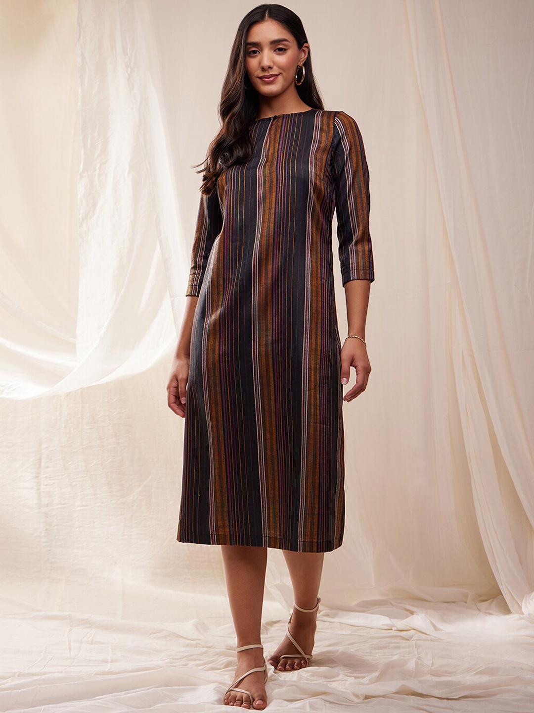 

Pink Fort Striped Boat Neck A-Line Midi Ethnic Dresses, Black