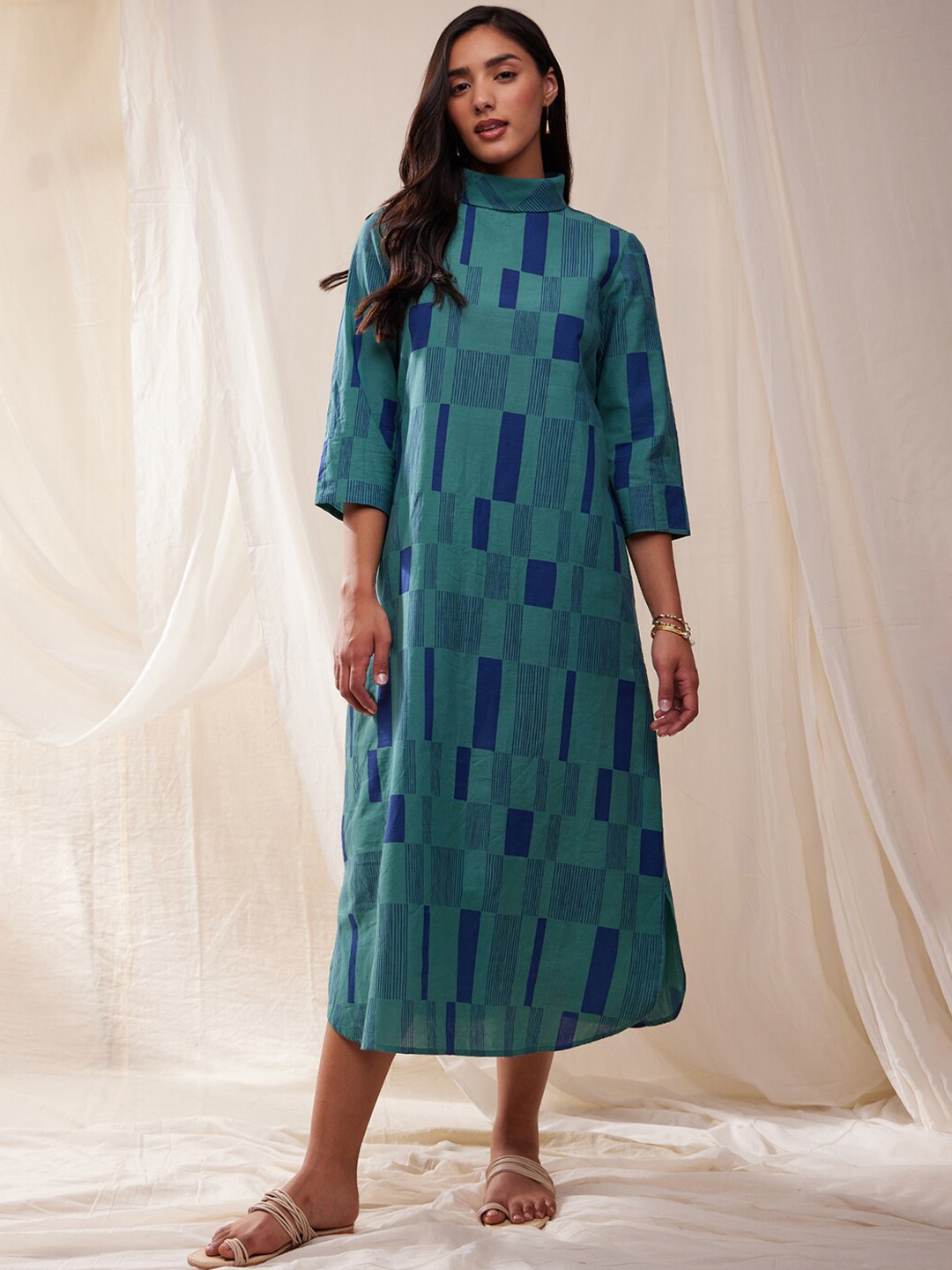 

Pink Fort Checked Cotton A-line Maxi Ethnic Dress, Teal