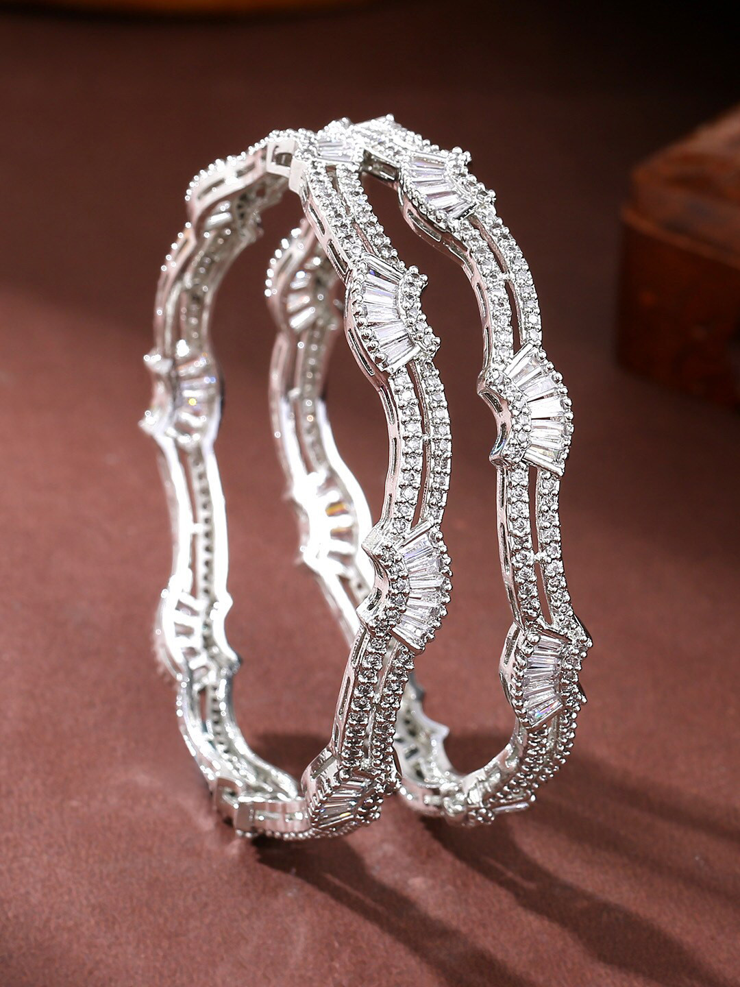 

Estele Set Of 2 Rhodium Plated & AD Studded Bangle, Silver