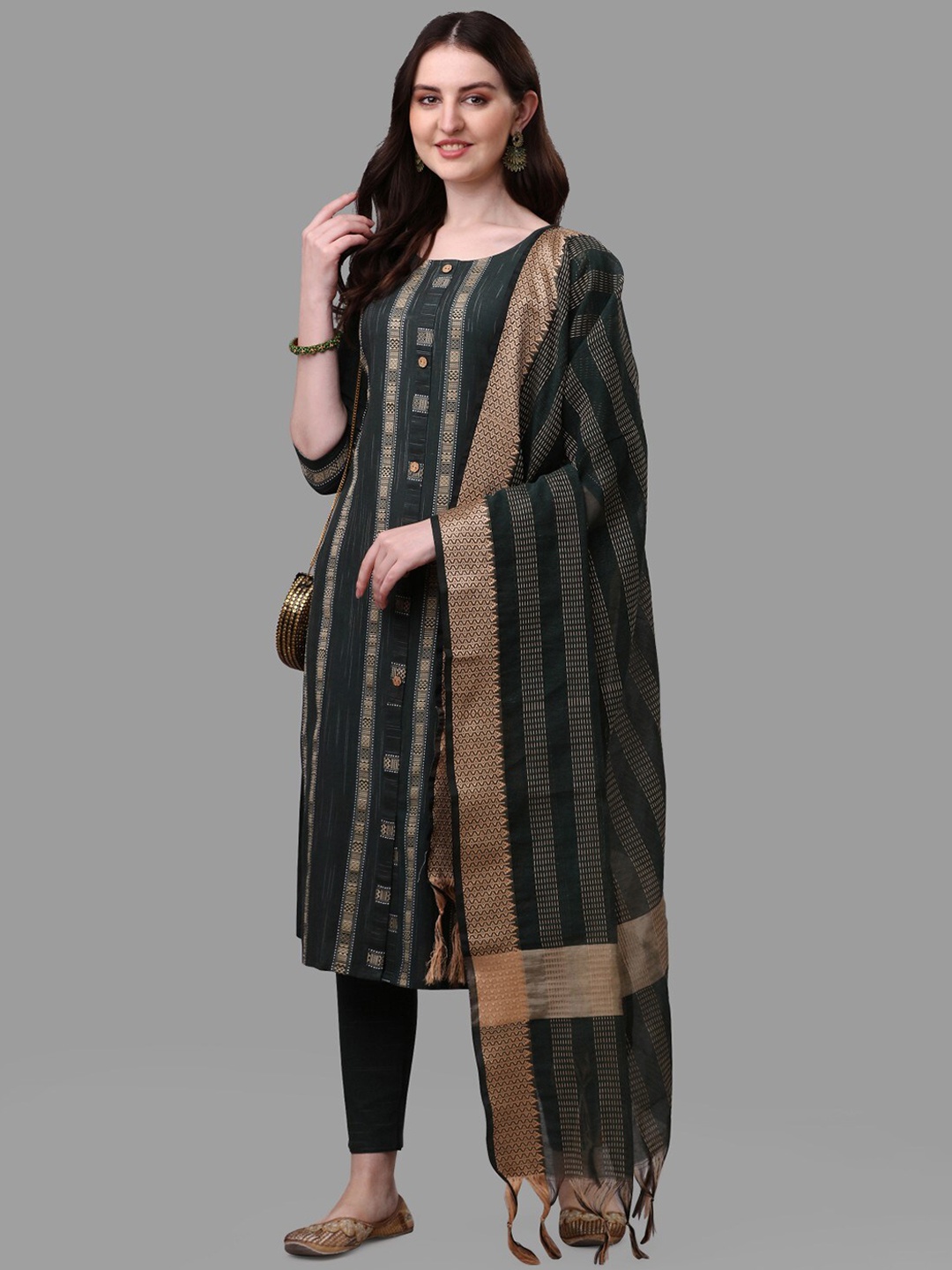 

Anouk Green Etnnic Motifs Woven Design Kurta with Trousers & Dupatta