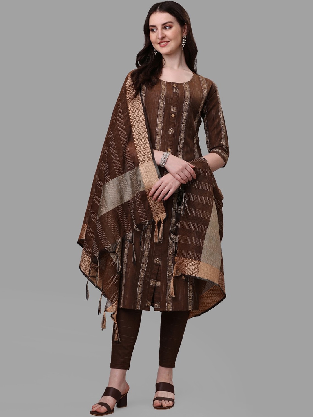 

Anouk Ethnic Motifs Woven Design Straight Kurta with Trousers & Dupatta, Brown
