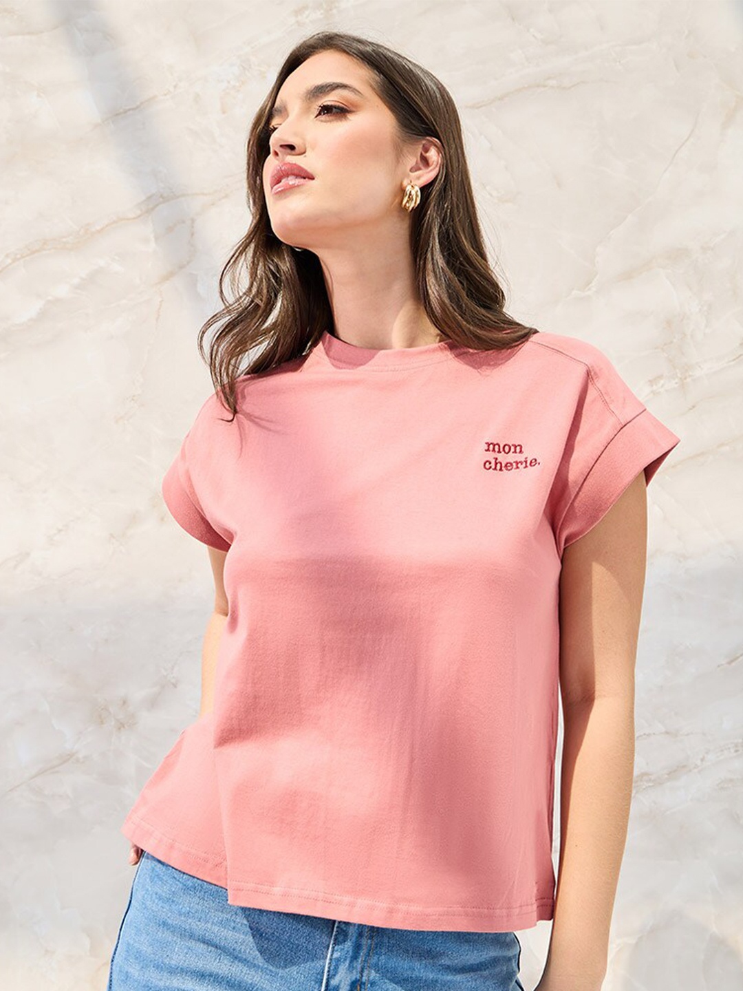 

Styli Boxy Fit Typography Printed Round Neck Cap Sleeve Cotton T-Shirt, Pink