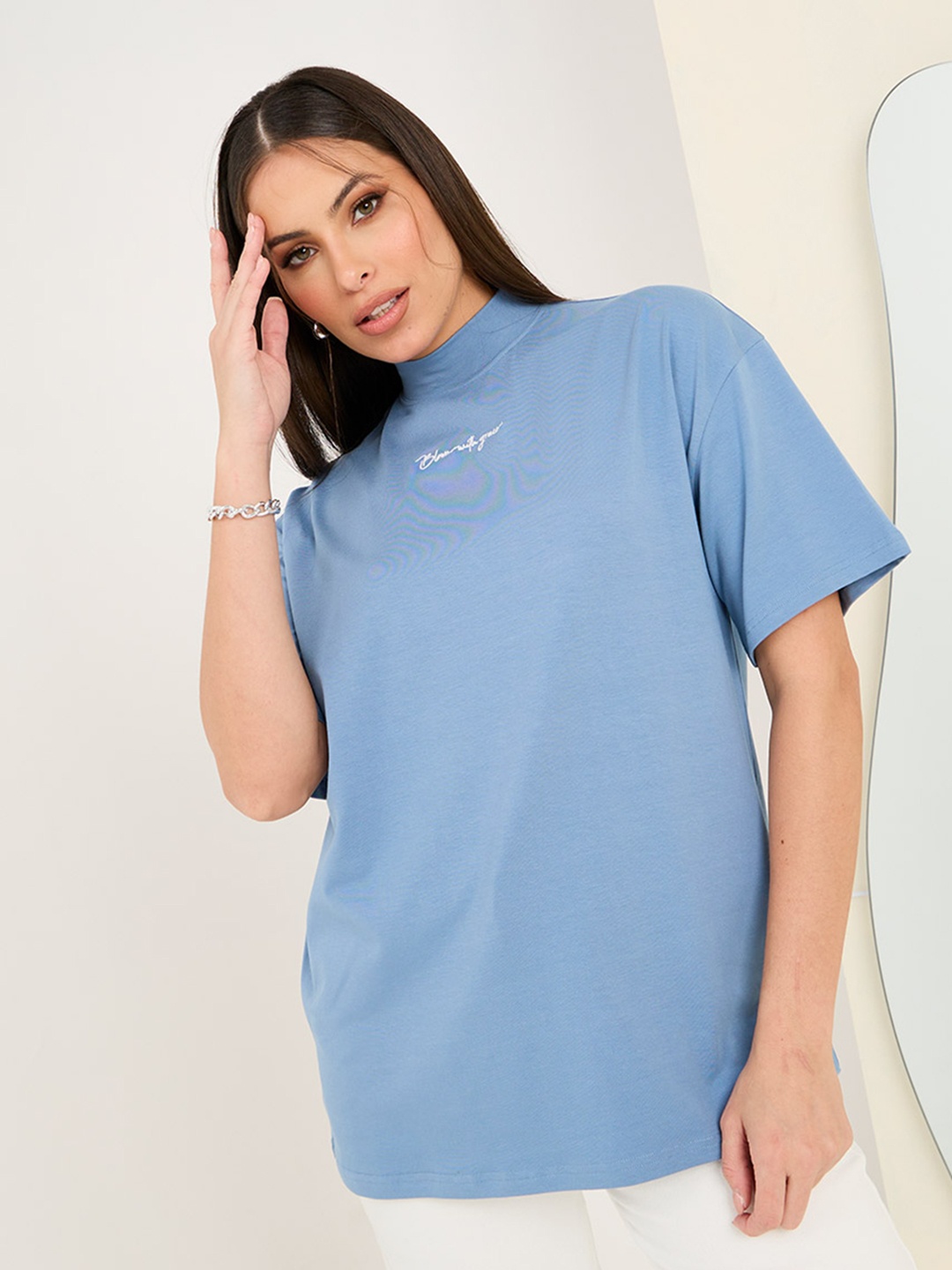 

Styli Typography Printed High Neck Short Sleeve Cotton T-Shirt, Green