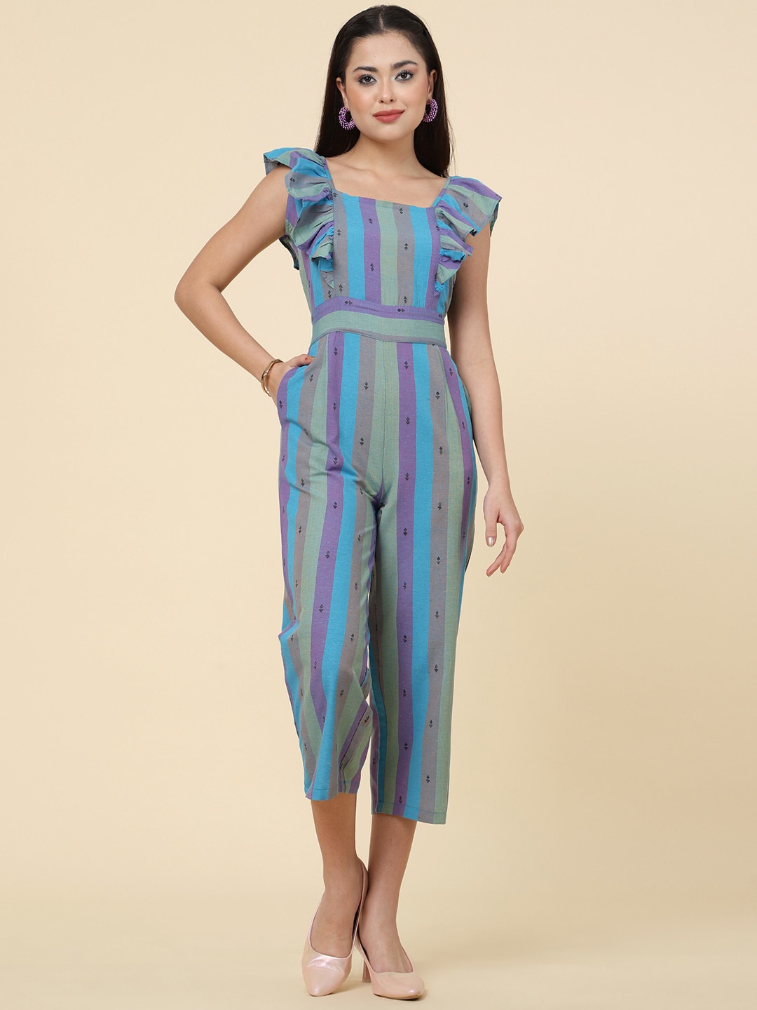 

KALINI Blue & Purple Striped Square Neck Cotton Basic Jumpsuit