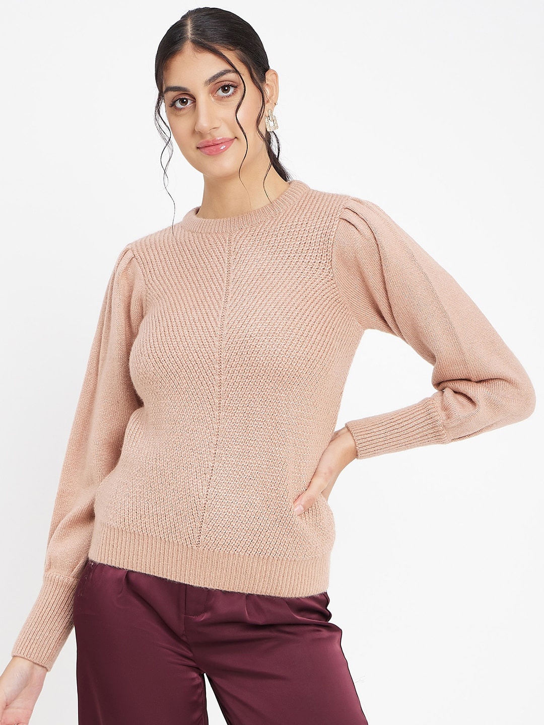 

CAMLA Cable Knit Bishop Sleeves Acrylic Pullover Sweater, Pink