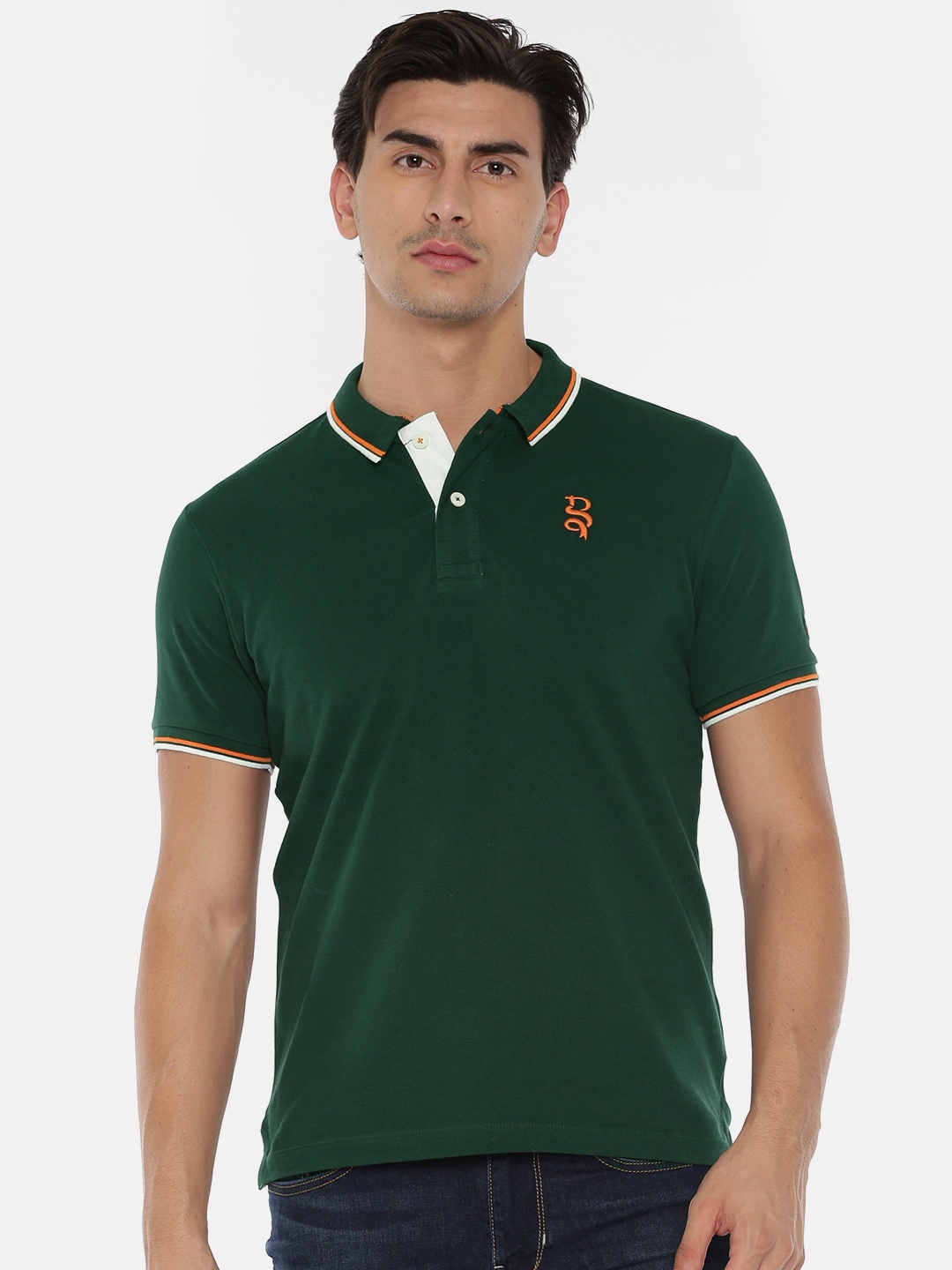 

Being Human Clothing Men Green Solid Polo Collar Pure Cotton T-shirt