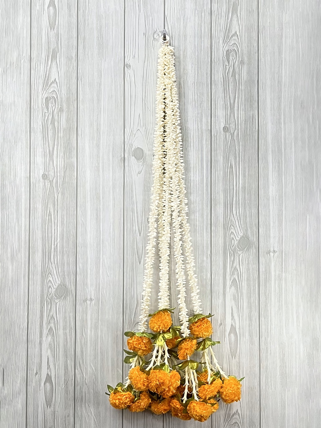 

Akaar Orange & White 5 Pieces Mogra Garland With Marigold and Leaves Wall Hanging Garlands