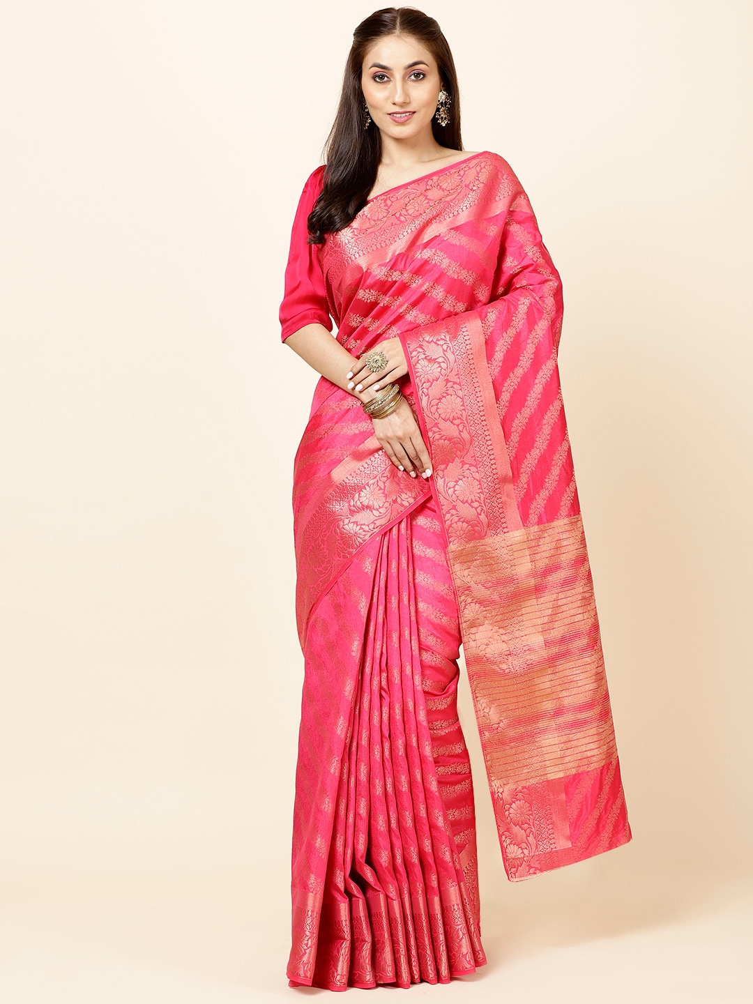 

Meena Bazaar Ethnic Motifs Woven Design Zari Saree, Pink