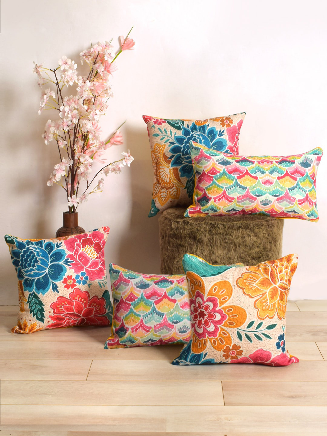 

BLANC9 Blue & Pink 5 Pieces Floral Square & Rectangle Cushion Covers