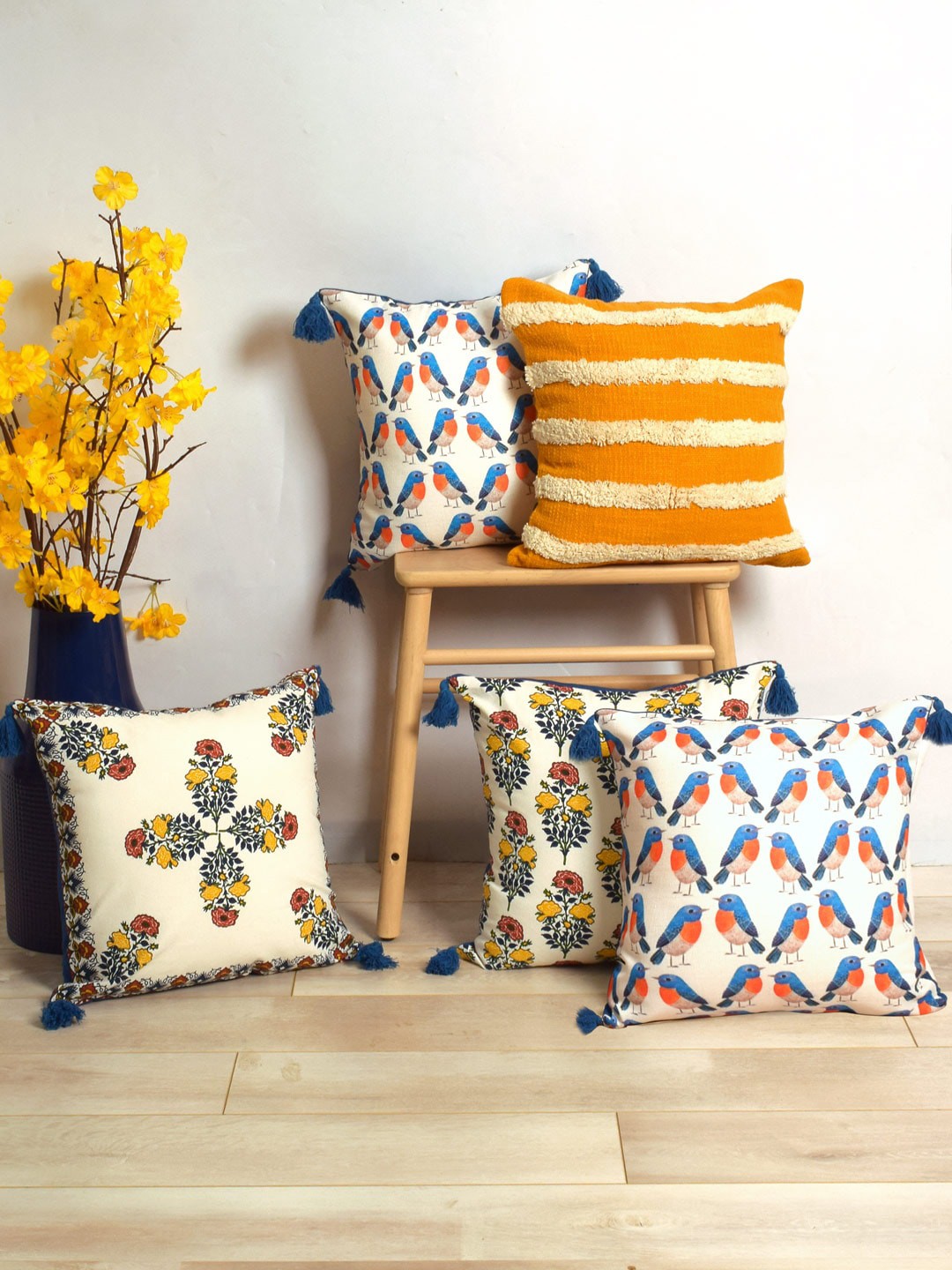 

BLANC9 Blue & Yellow 5 Pieces Ethnic Motifs Square Cushion Covers