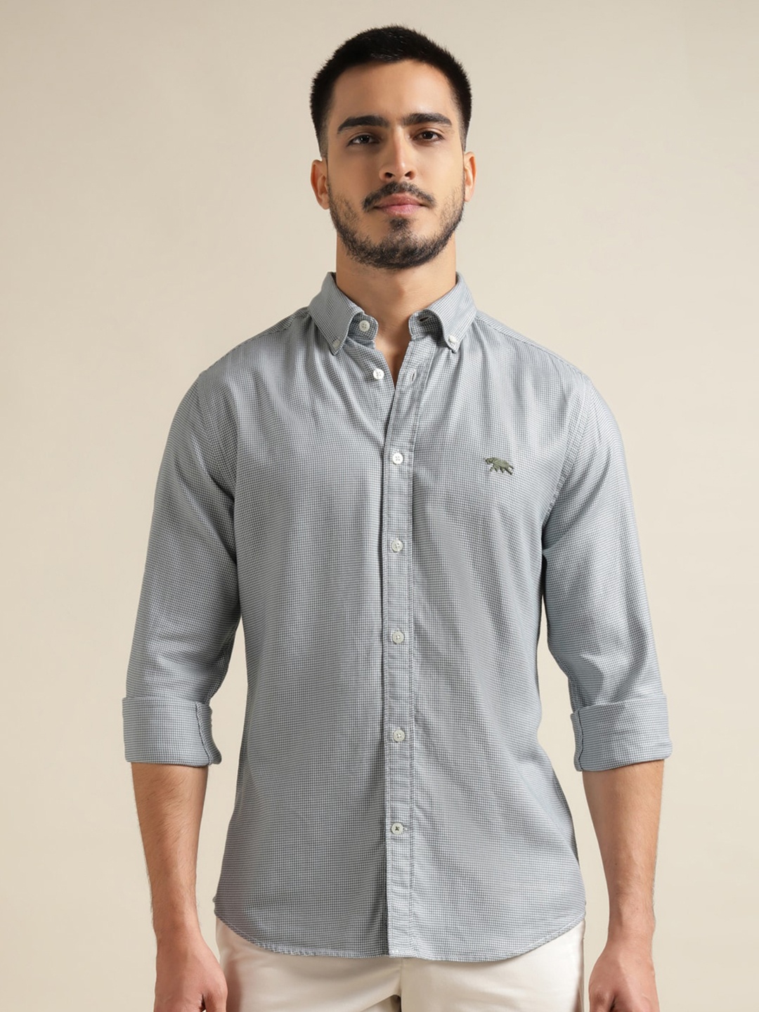 

Andamen Premium Slim Fit Micro Checked Cotton Casual Shirt, Grey