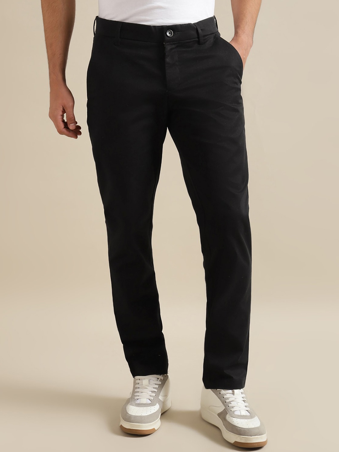

Andamen Men Ultra Mid-Rise Flat-Front Plain Cotton Trousers, Black