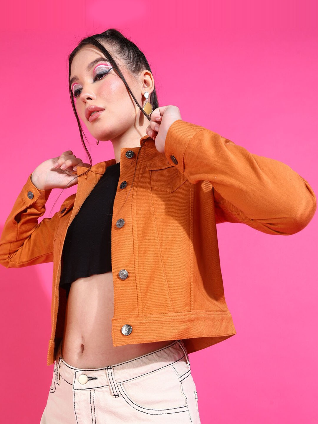 

MONTREZ Crop Cotton Denim Jacket, Orange