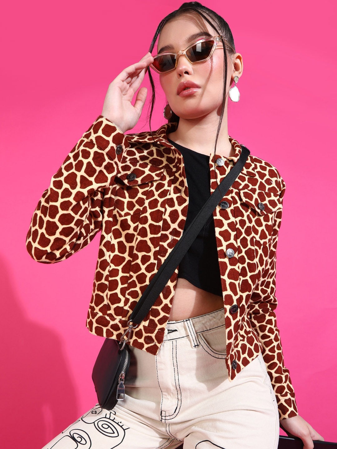 

MONTREZ Animal Printed Crop Cotton Denim Jacket, Brown