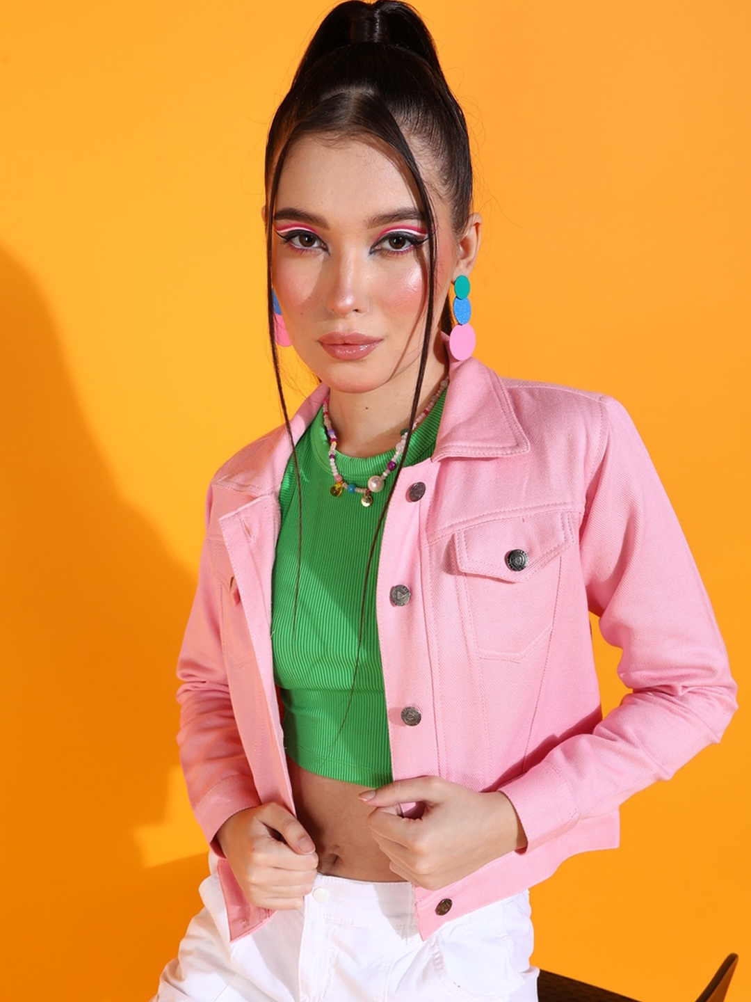 

MONTREZ Crop Cotton Denim Jacket, Pink