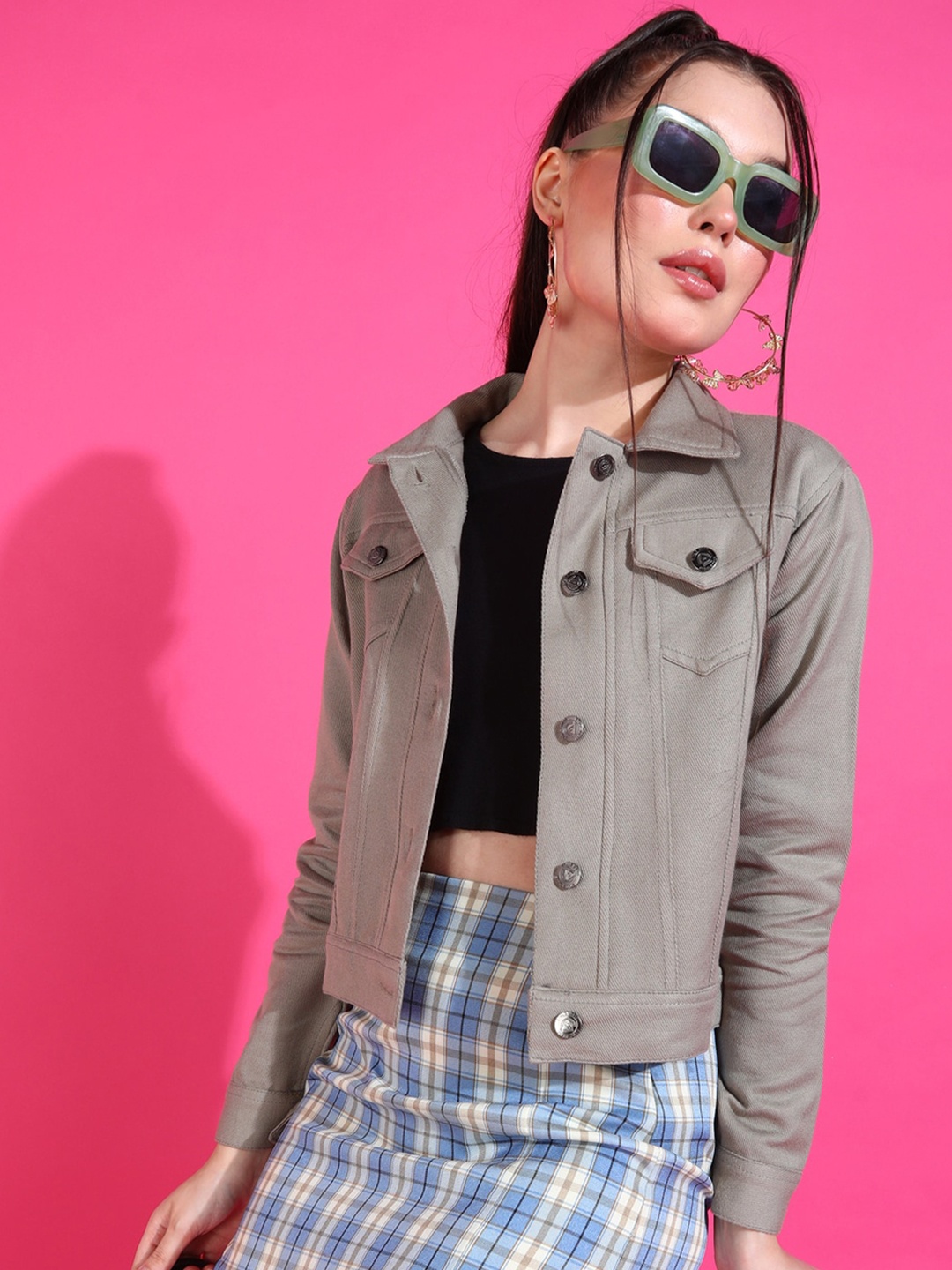 

MONTREZ Crop Cotton Denim Jacket, Grey