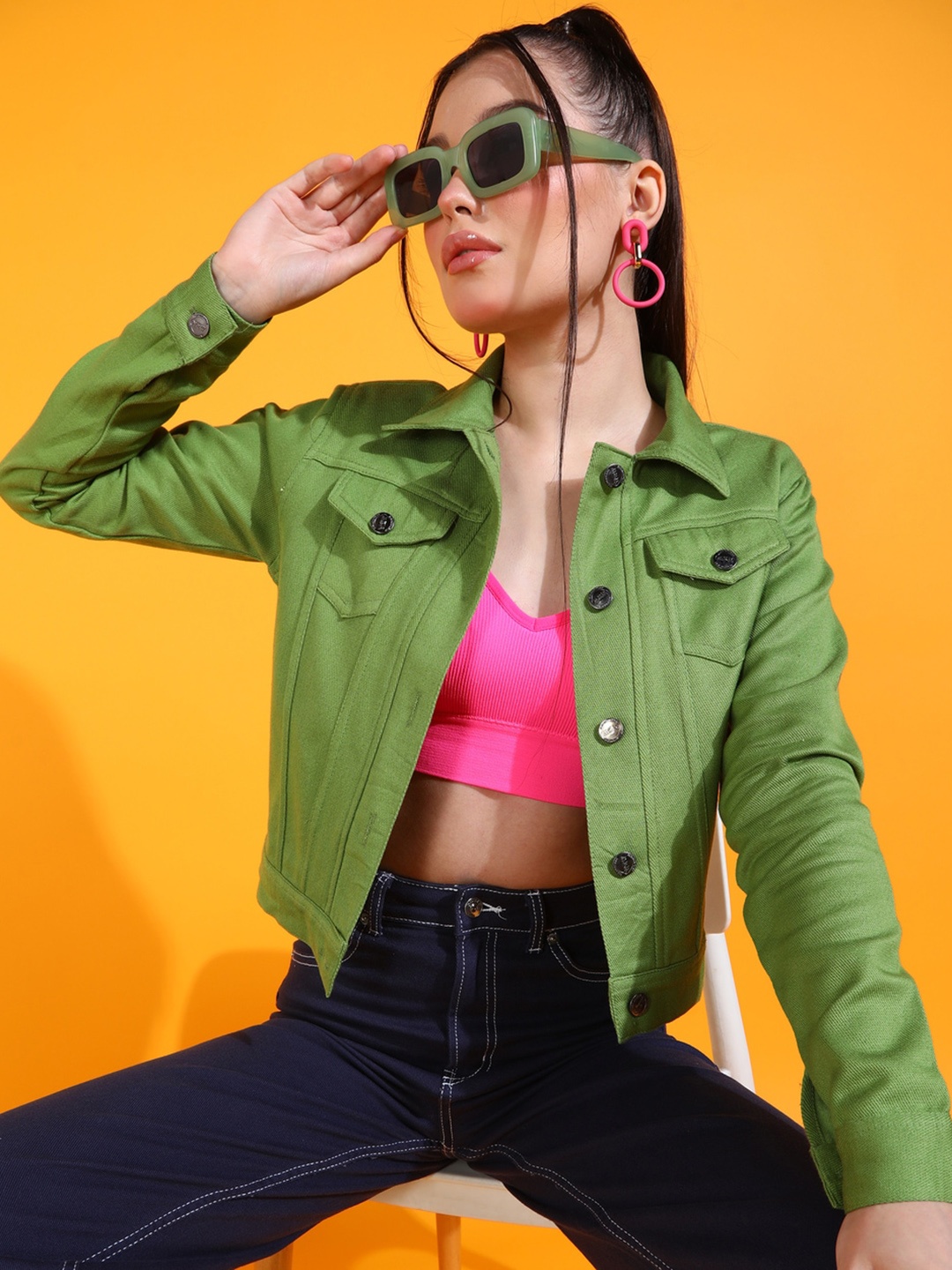 

MONTREZ Crop Cotton Denim Jacket, Green