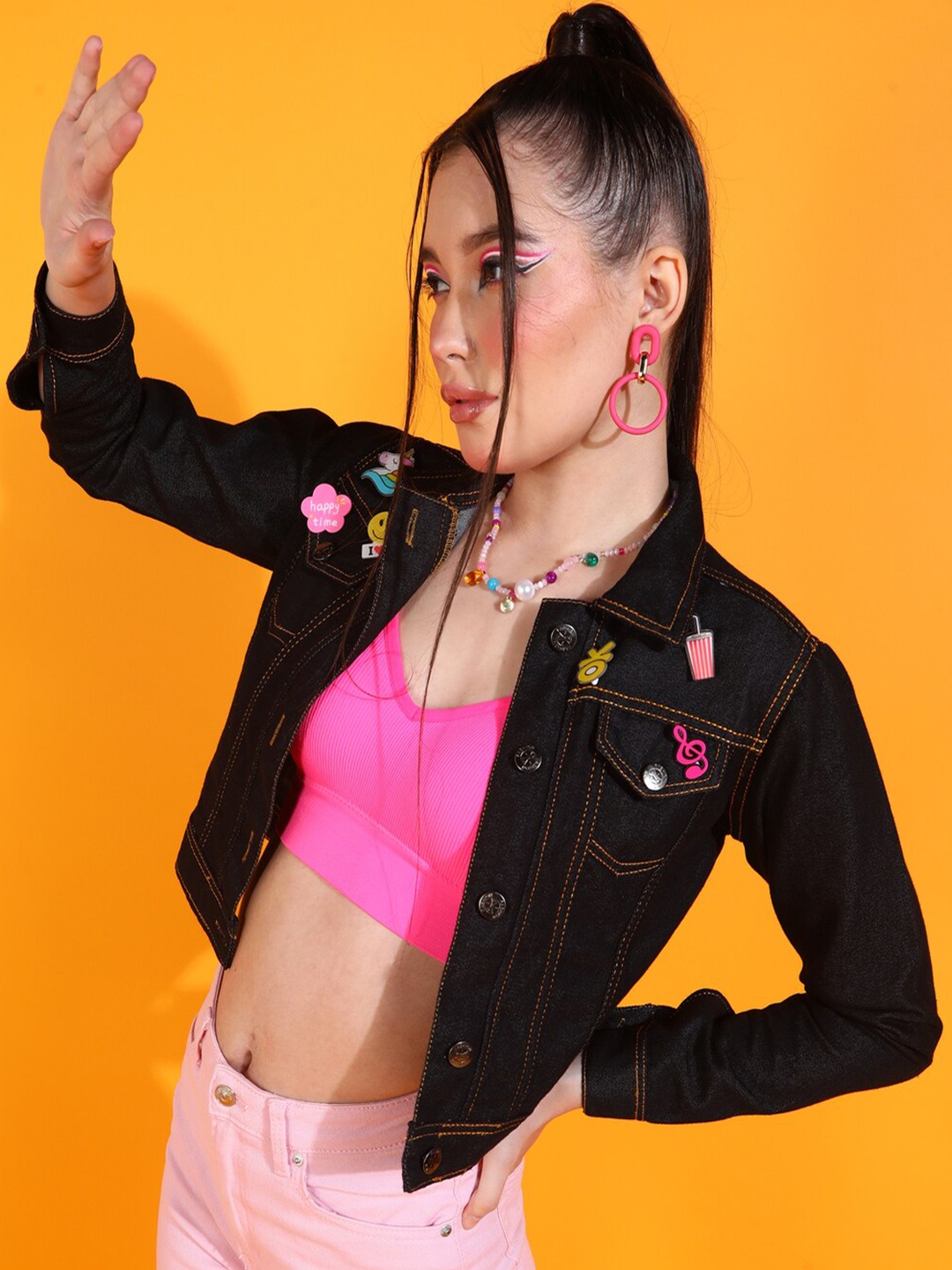 

MONTREZ Crop Cotton Denim Jacket With Patchwork, Black