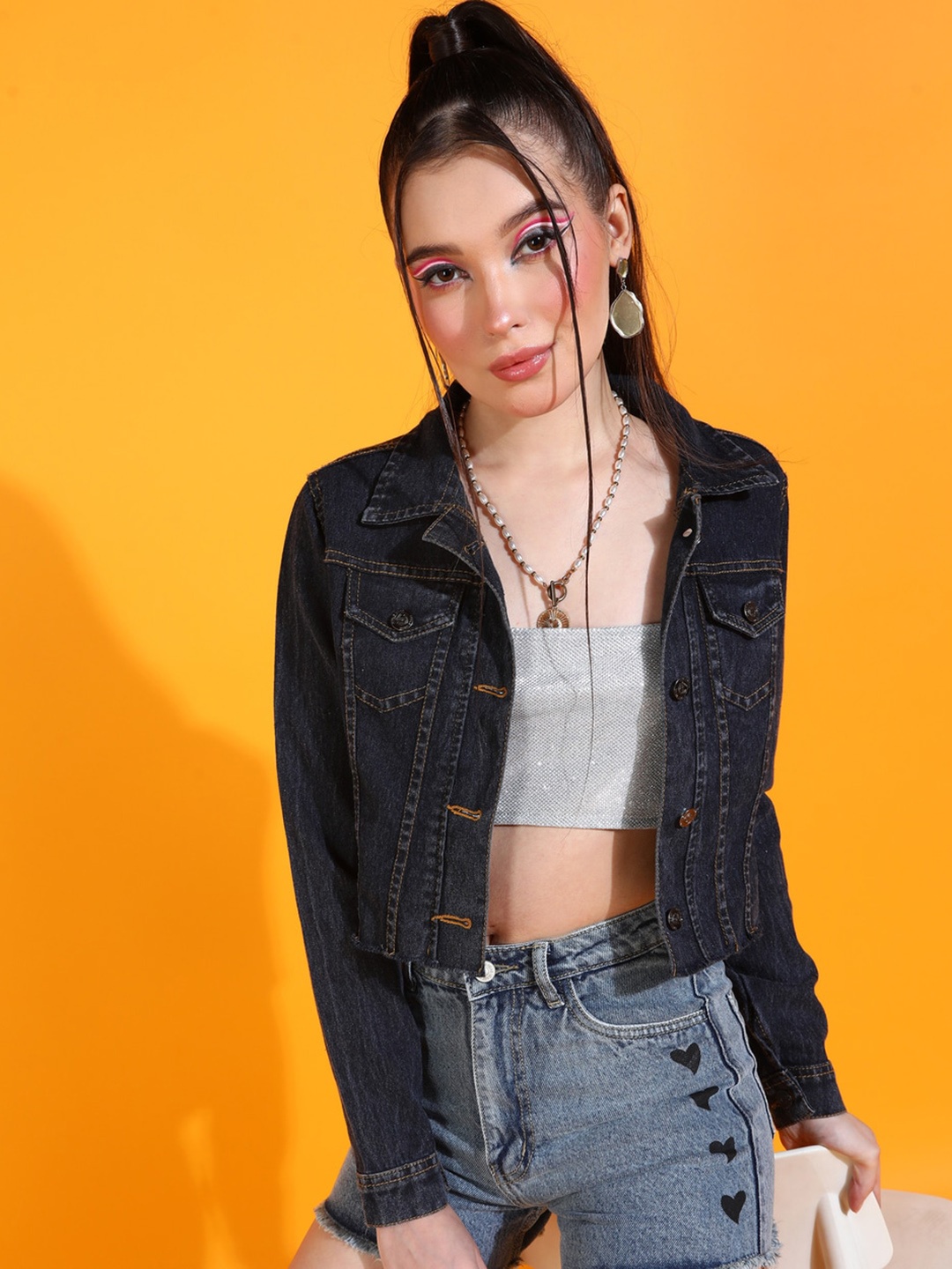 

MONTREZ Washed Crop Cotton Denim Jacket, Black