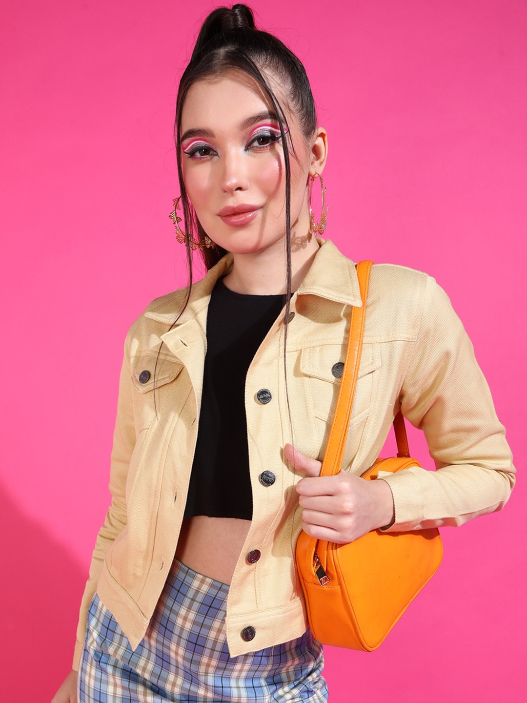 

MONTREZ Crop Cotton Denim Jacket, Champagne