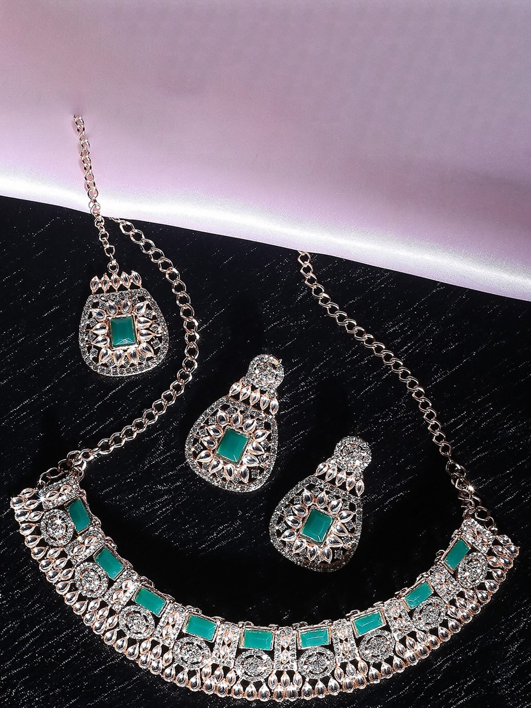 

VATSALYA creation Rose Gold-Plated Stone-Studded Necklace & Earrings With Maang Tika